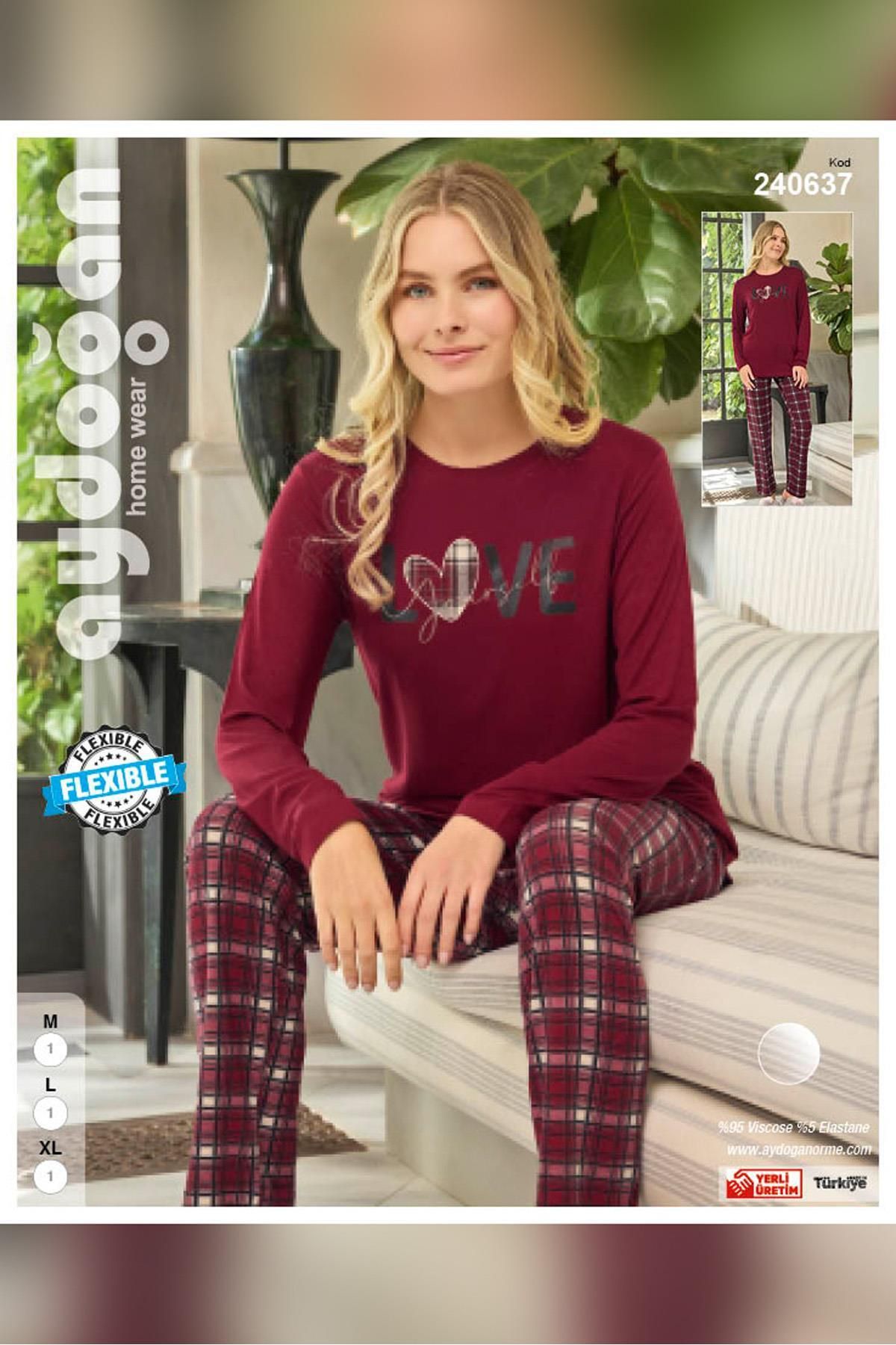 Kadın Ezgi Flexible Love Ekose Bordo Pijama Takım 0637