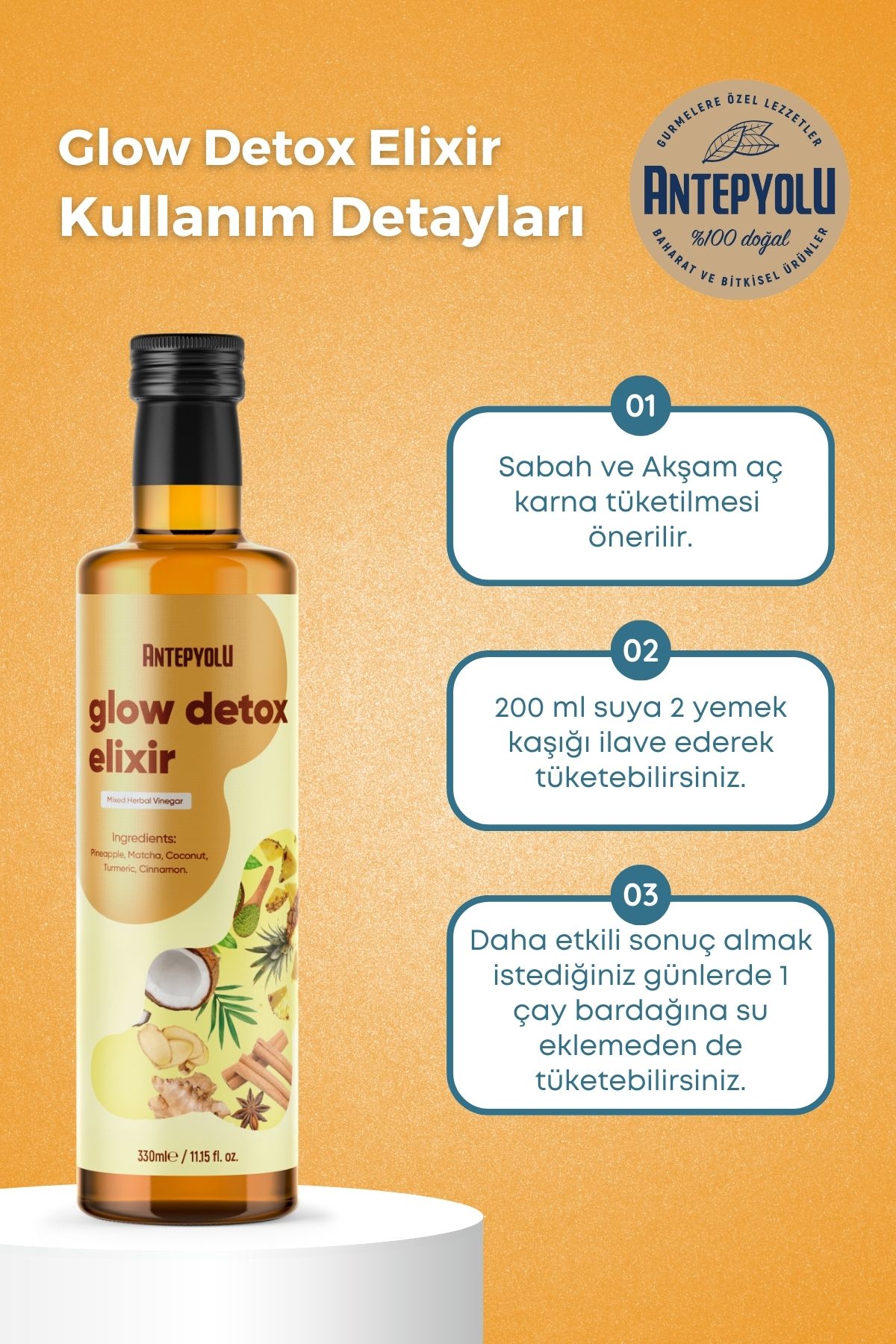 Glow Detox Elixir Premium Ananaslı Ödem Atmaya Kilo Vermeye Yardımcı Doğal Detoks Sirkesi 330 ml