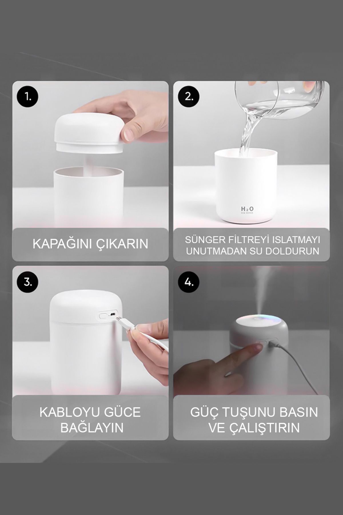 H2o 300ml Led Işıklı Usb Hava Nemlendirici, Ultrasonik Buhar Makinesi Ve Aroma Difüzör