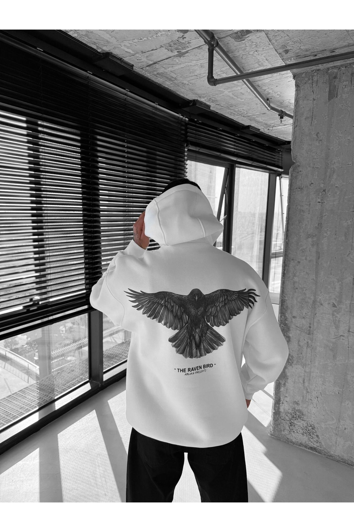 Erkek Oversize Raven Baskılı Premium Kapüşonlu Sweatshirt Ekru