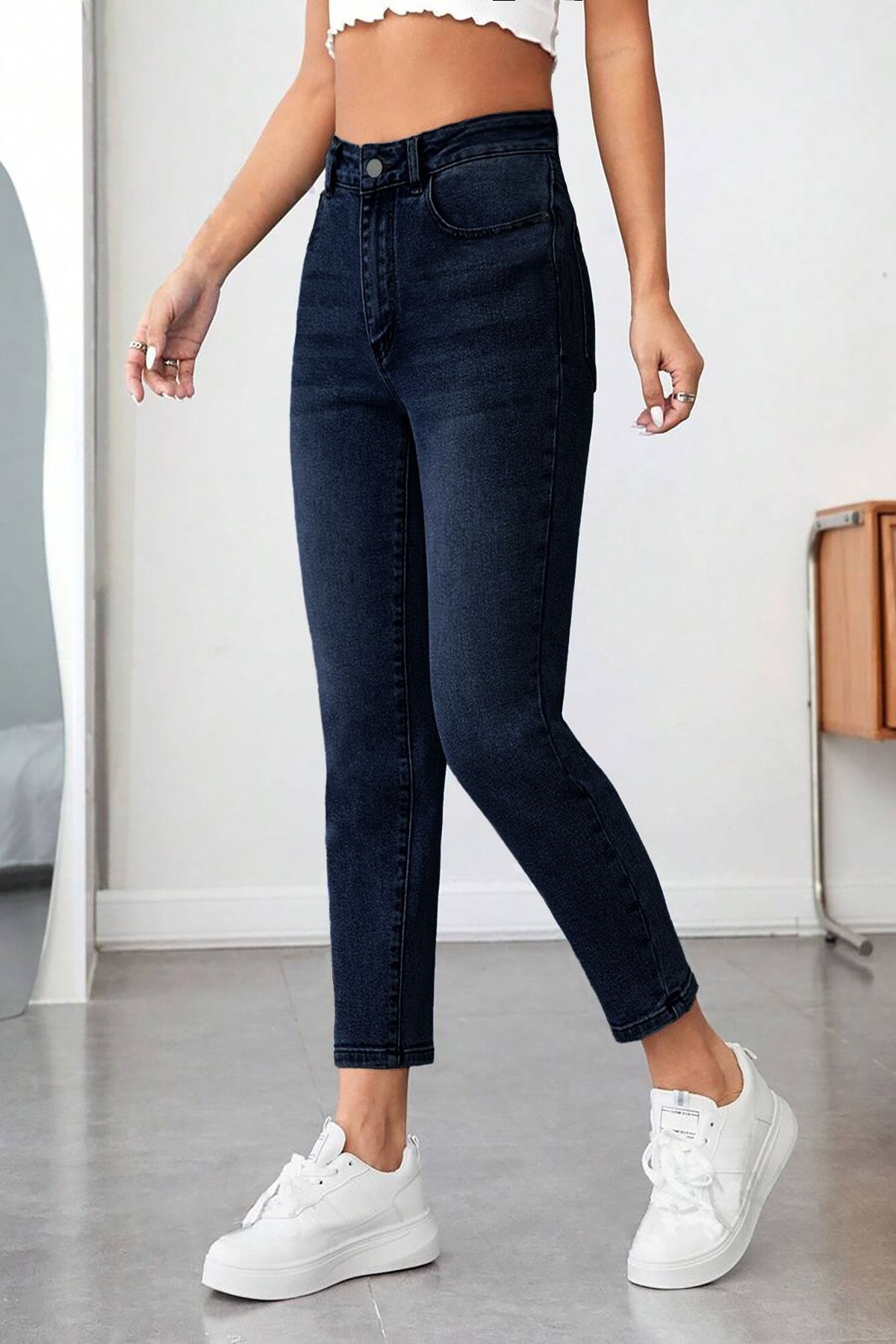 Mom Fit Jean Yüksek Bel Boyfriend Kesim Likrasız Lacivert Kadın Kot Pantolon C599