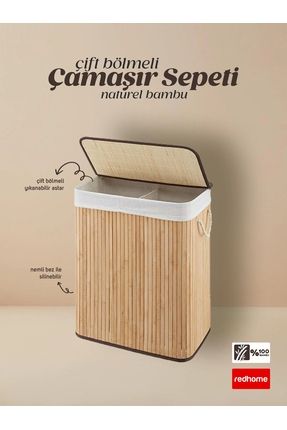Dikdörtgen Naturel Bambu Çift Bölmeli Bambu Renk Çamaşır Sepeti - Çamaşır Kirli Sepeti Image 0