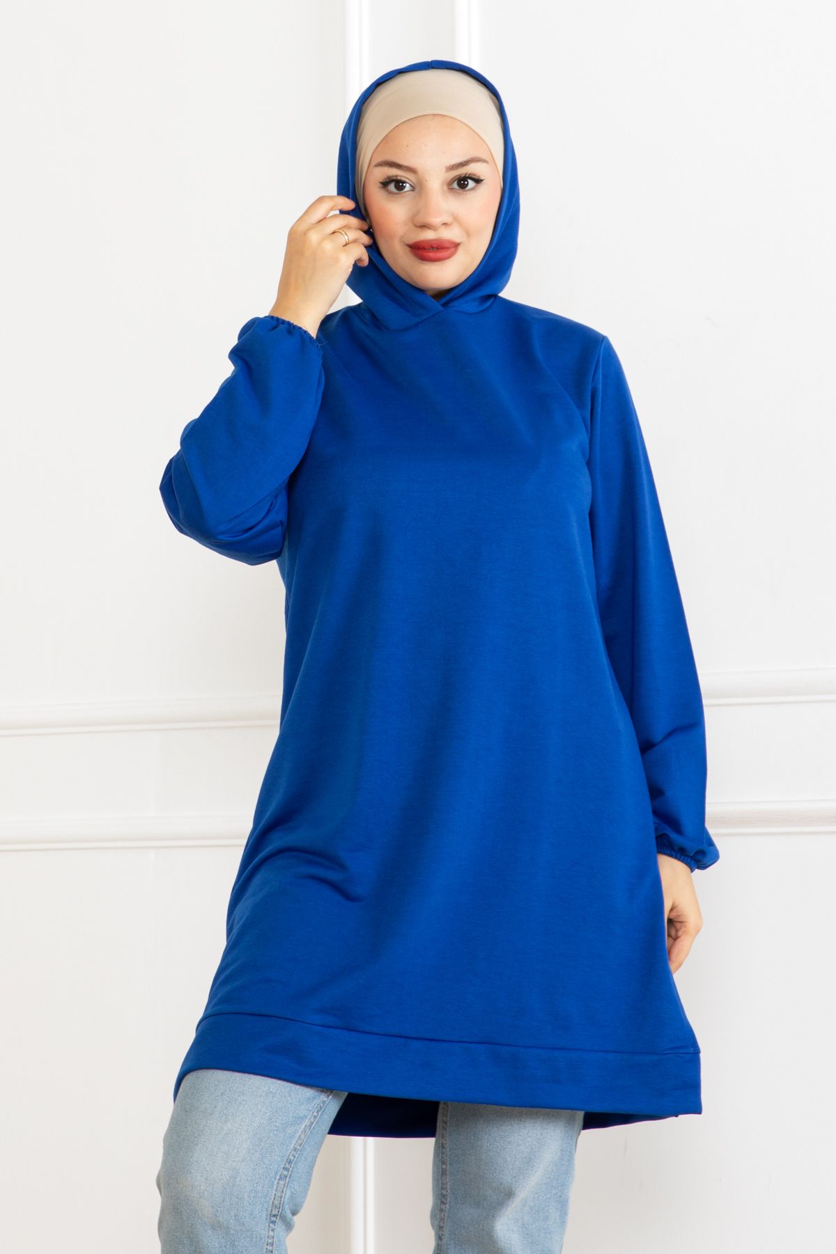 Kadın Kapüşonlu Tesettür Tunik Sweatshirt Saks Mavi