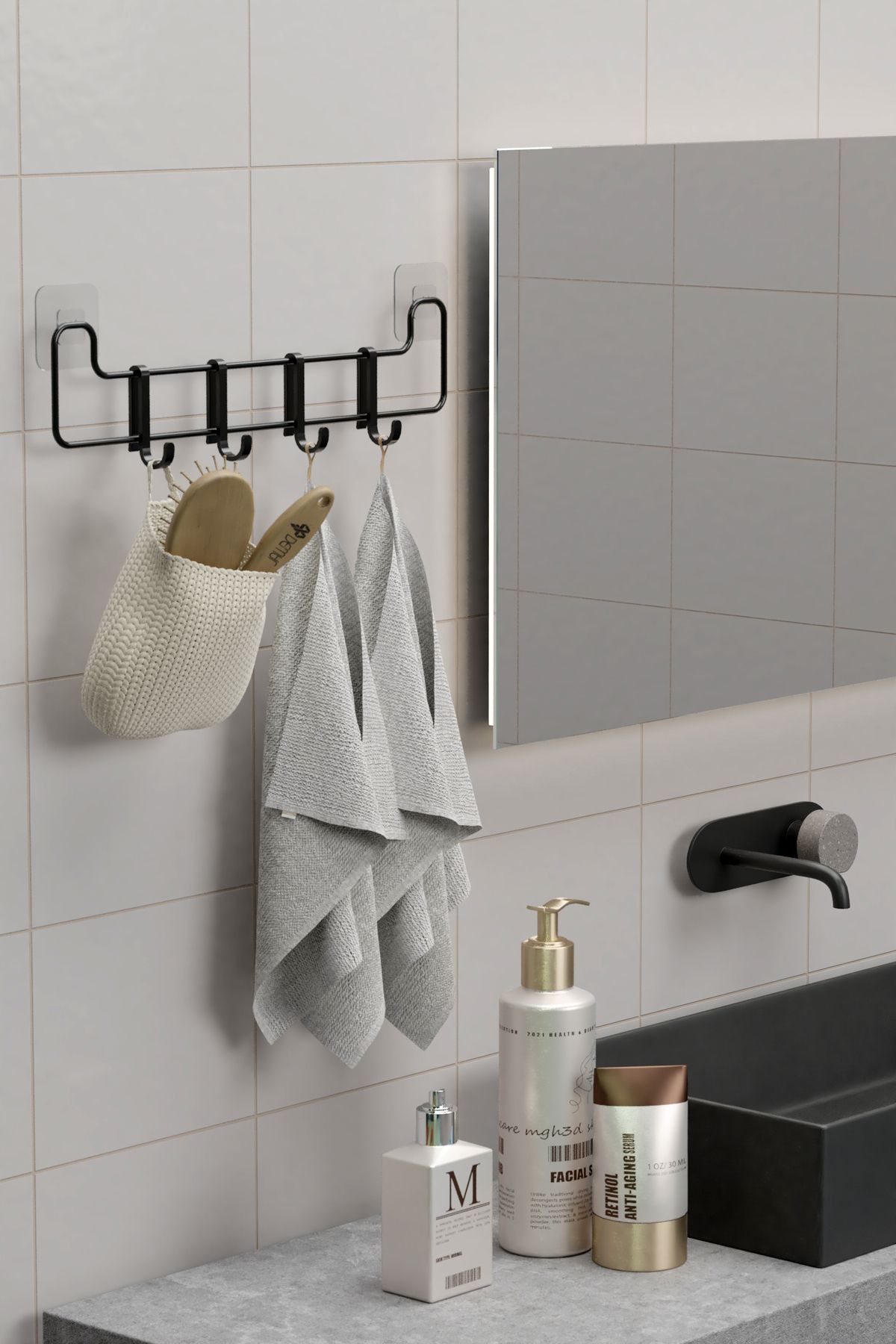 Yapışkanlı Banyo Askısı Siyah Metal Askılık Duvar Askı Organizer Banyo Düzenleyici