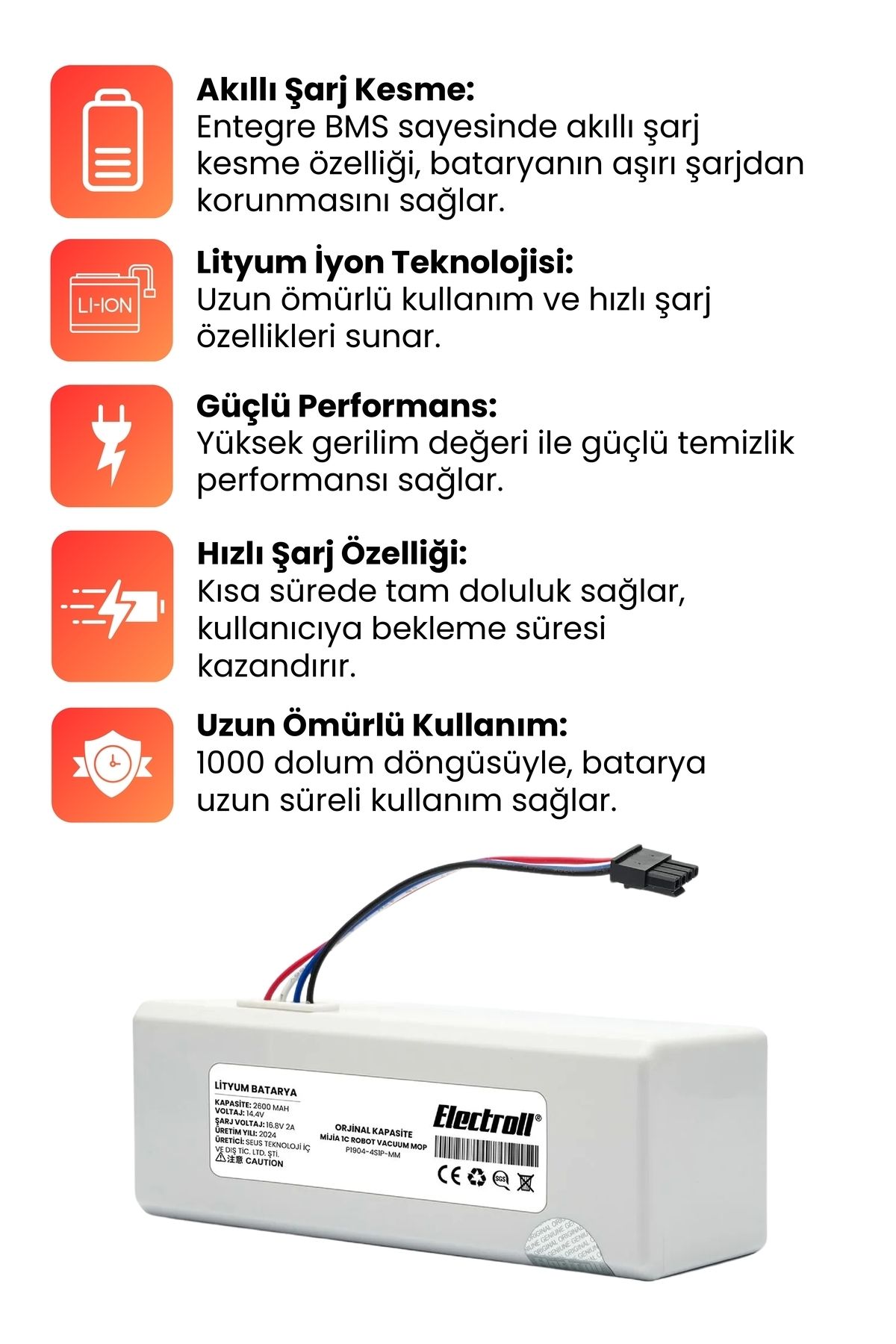 Xiaomi Mijia 1C Robot Vacuum Mop P1904-4S1P-MM Uyumlu Batarya (ORJİNAL KAPASİTE) 2600mah Pil Robot