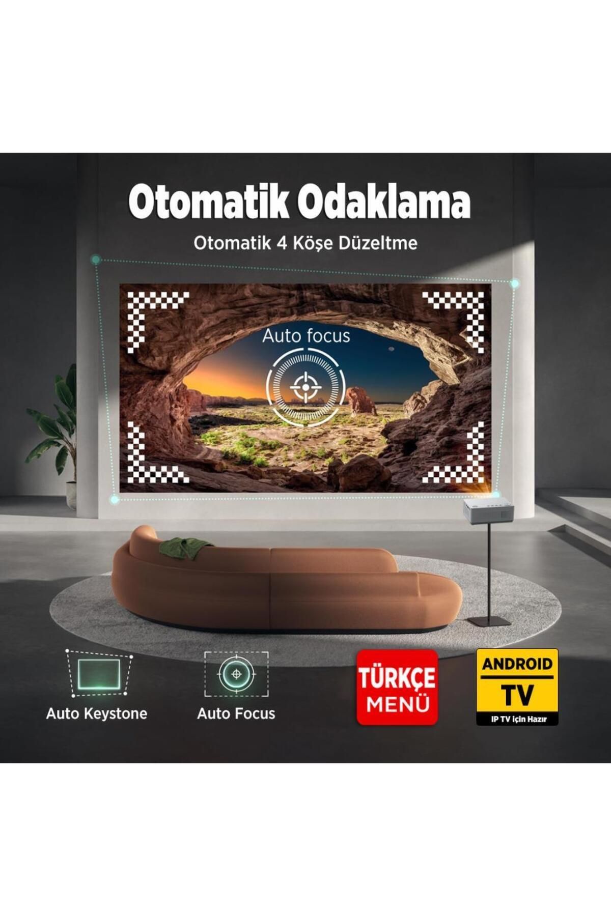 Leisure L470A Android TV 1080P Destekli Projeksiyon Cihazı +Auto Focus+Auto Keystone+6G WiFi+