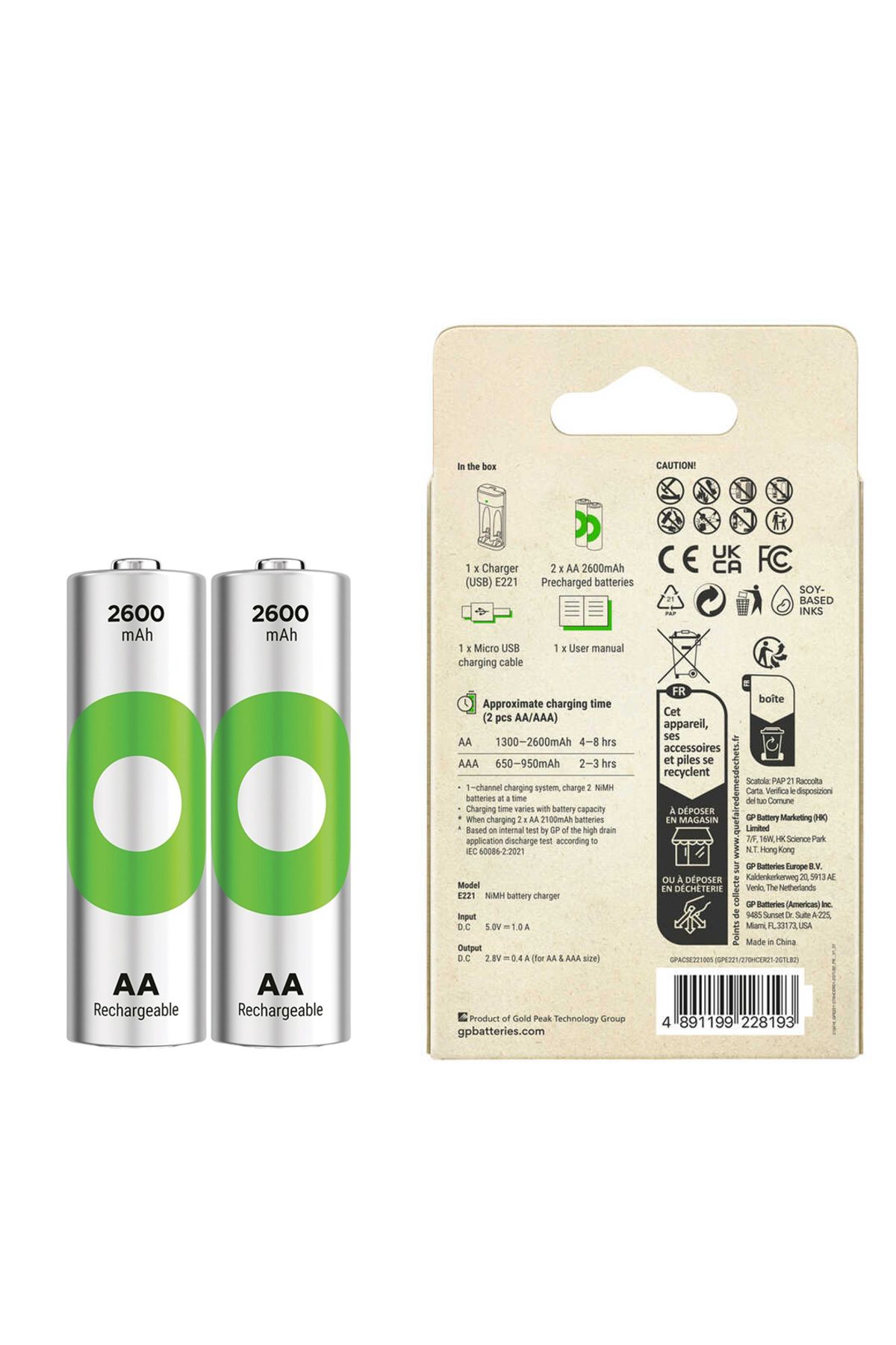 GP RECYKO E221 2 X 2600 MAH R6 AA PİLLİ PİL ŞARJ CİHAZI (GP-E221/270AHCER21-2GTLB2) (4767)