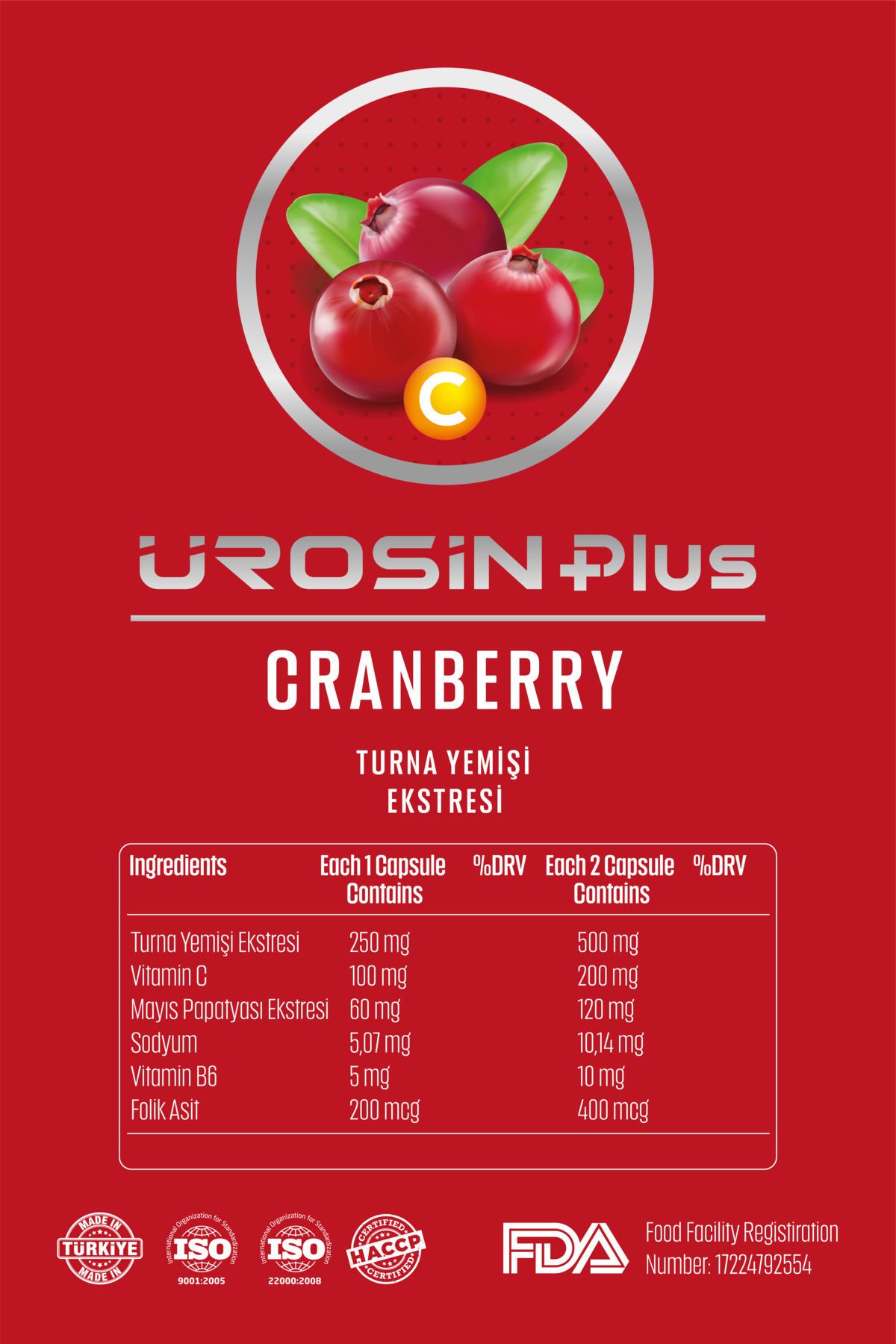 Urosin Plus (İDRAR YOLLARI ENFEKSİYONU, MESANE SAĞLIĞI) Cranberry Turna Yemişi Ekstresi 30 Kapsül