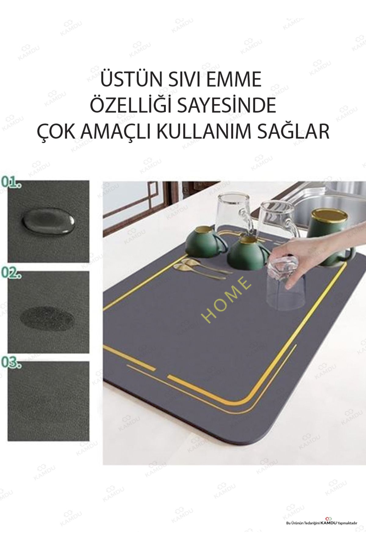 1 Adet - ( Gri ) 35x50cm Bulaşık Matı, Kurulama Matı, Tezgah Üstü Mat, Su Emen Mat, Lavabo Paspası