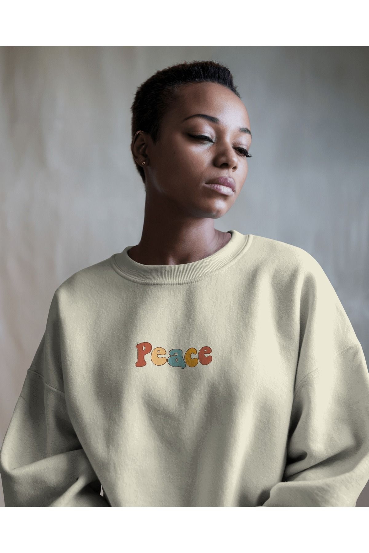 Peace Krem Sweatshirt 3iplik kalın Unisex