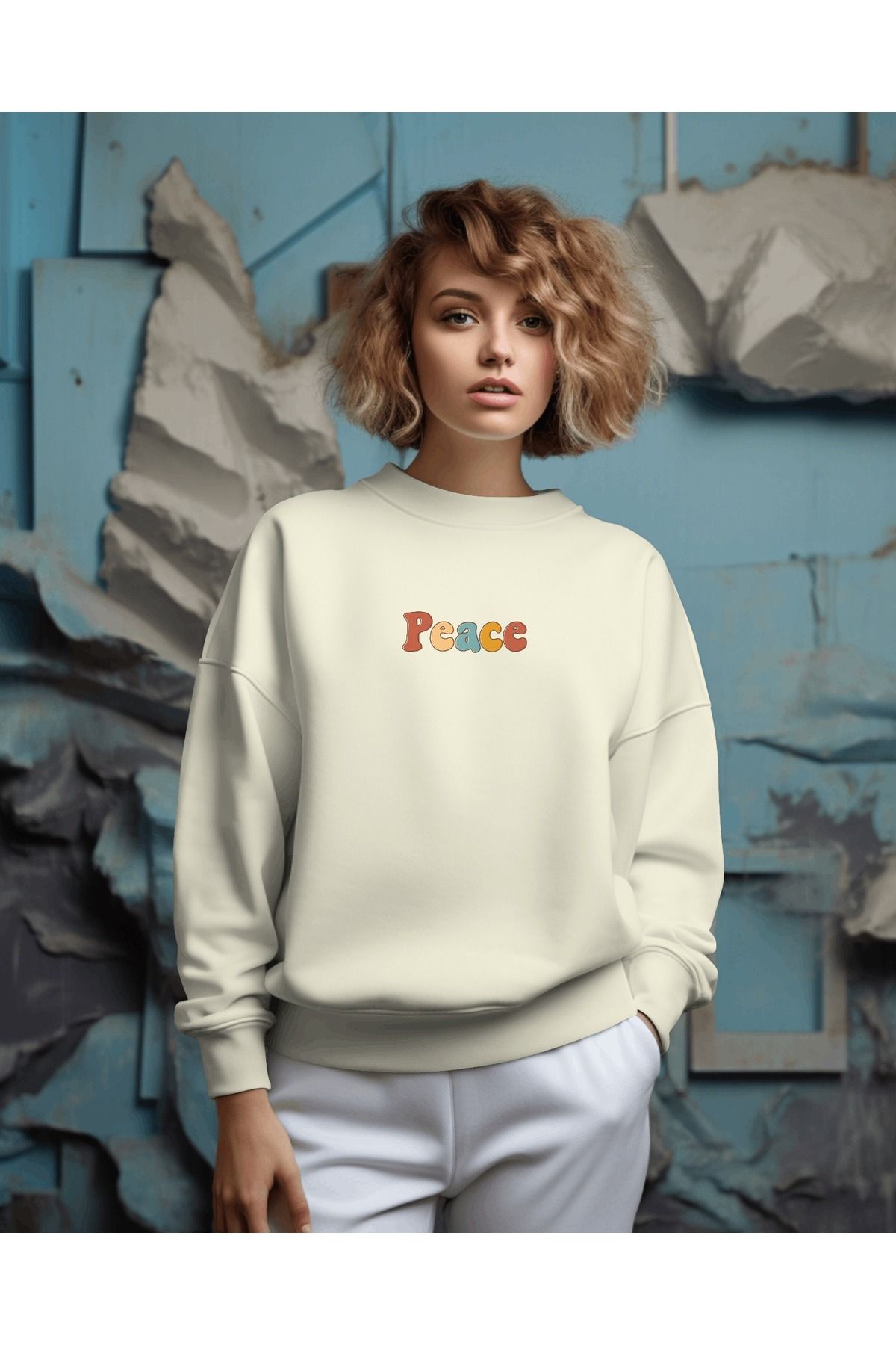 Peace Krem Sweatshirt 3iplik kalın Unisex