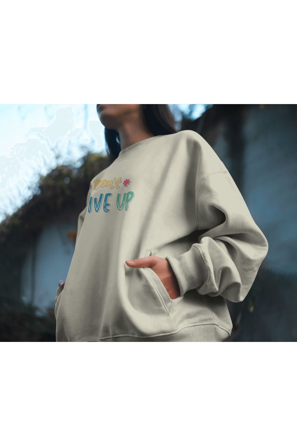 Don'tGiveUp Krem Sweatshirt 3iplik kalın Unisex