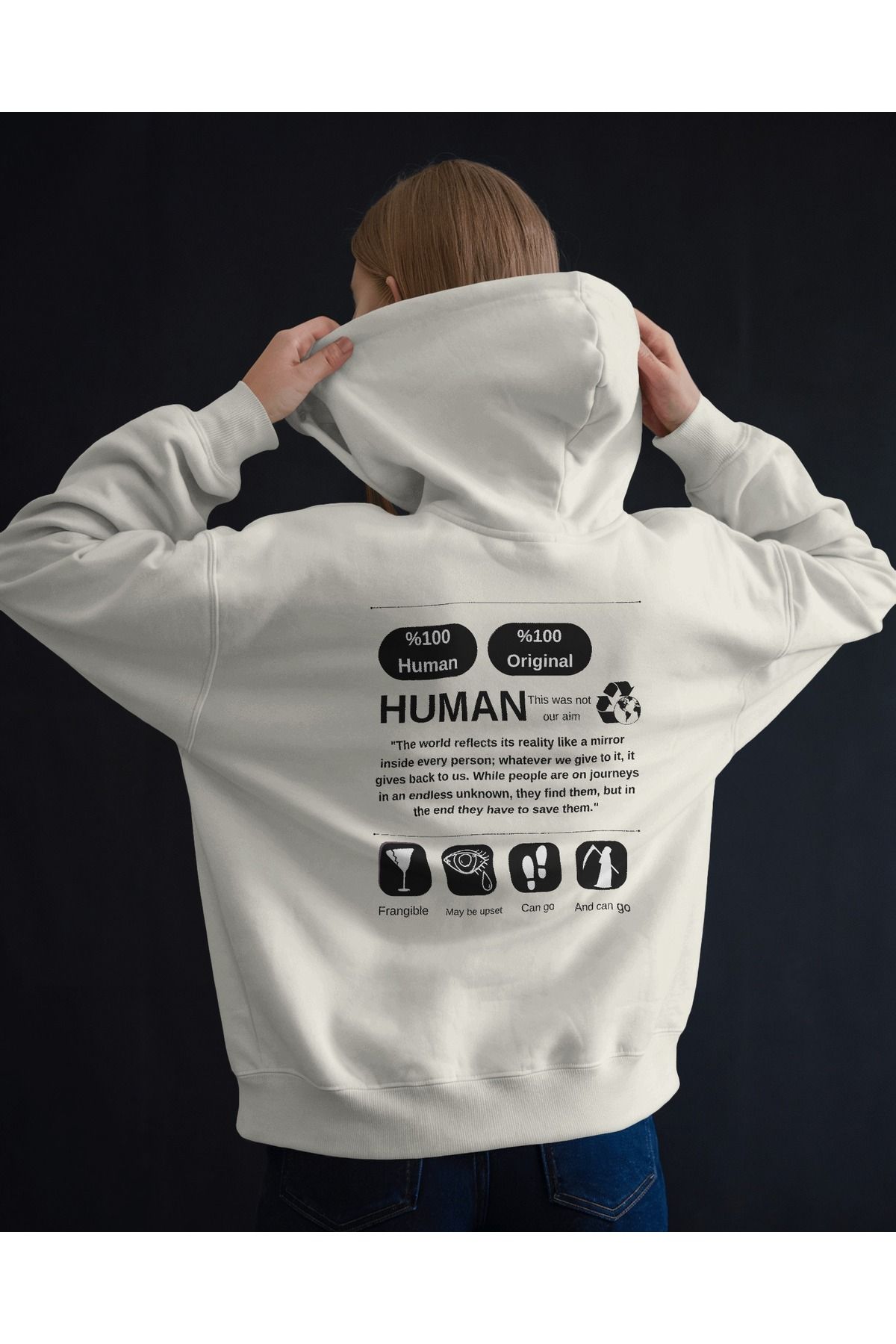 Human Beyaz Sweatshirt Kapüşonlu  3iplik kalın Unisex