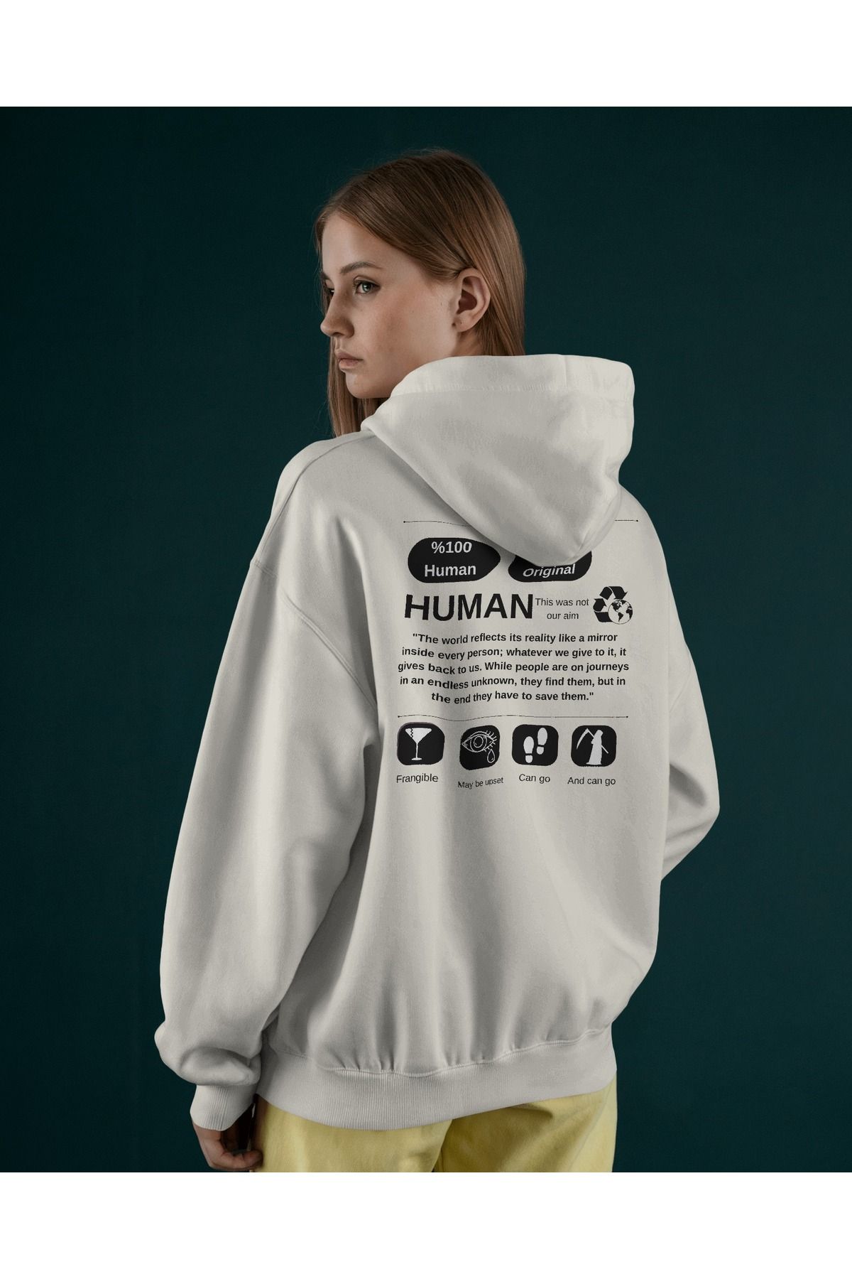 Human Beyaz Sweatshirt Kapüşonlu  3iplik kalın Unisex