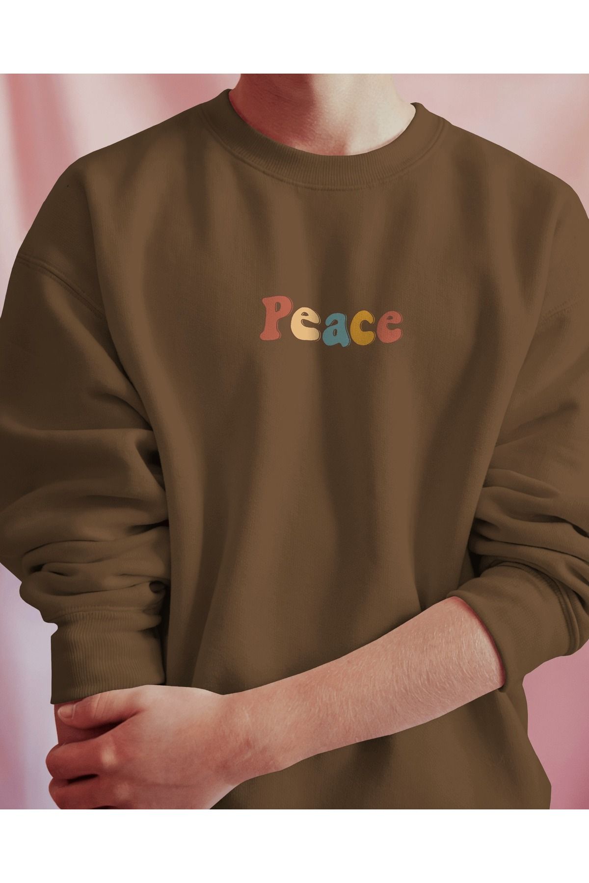 Peace Kahverengi Sweatshirt 3iplik kalın Unisex