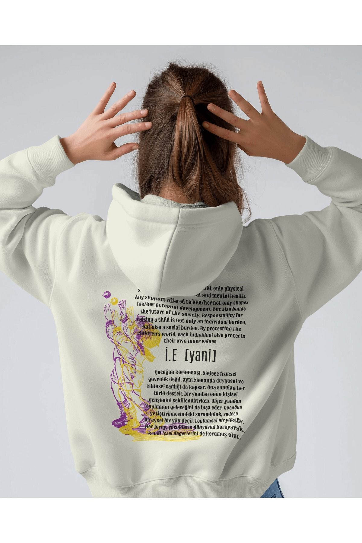 İ.E. Beyaz Sweatshirt Kapüşonlu  3iplik kalın Unisex