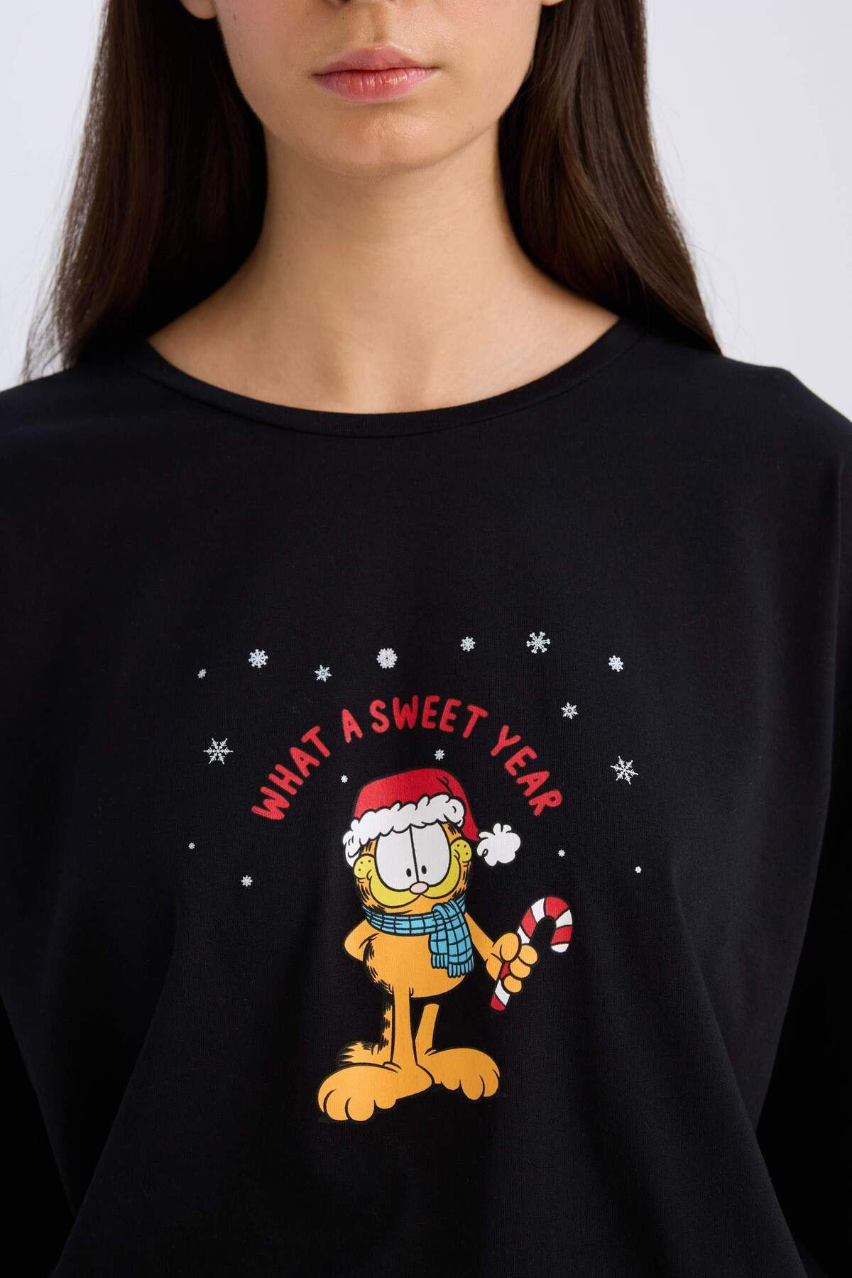 Fall In Love Garfield Yılbaşı Temalı Pijama Takımı Uzun Kollu Üst Esnek Belli Alt 3193490