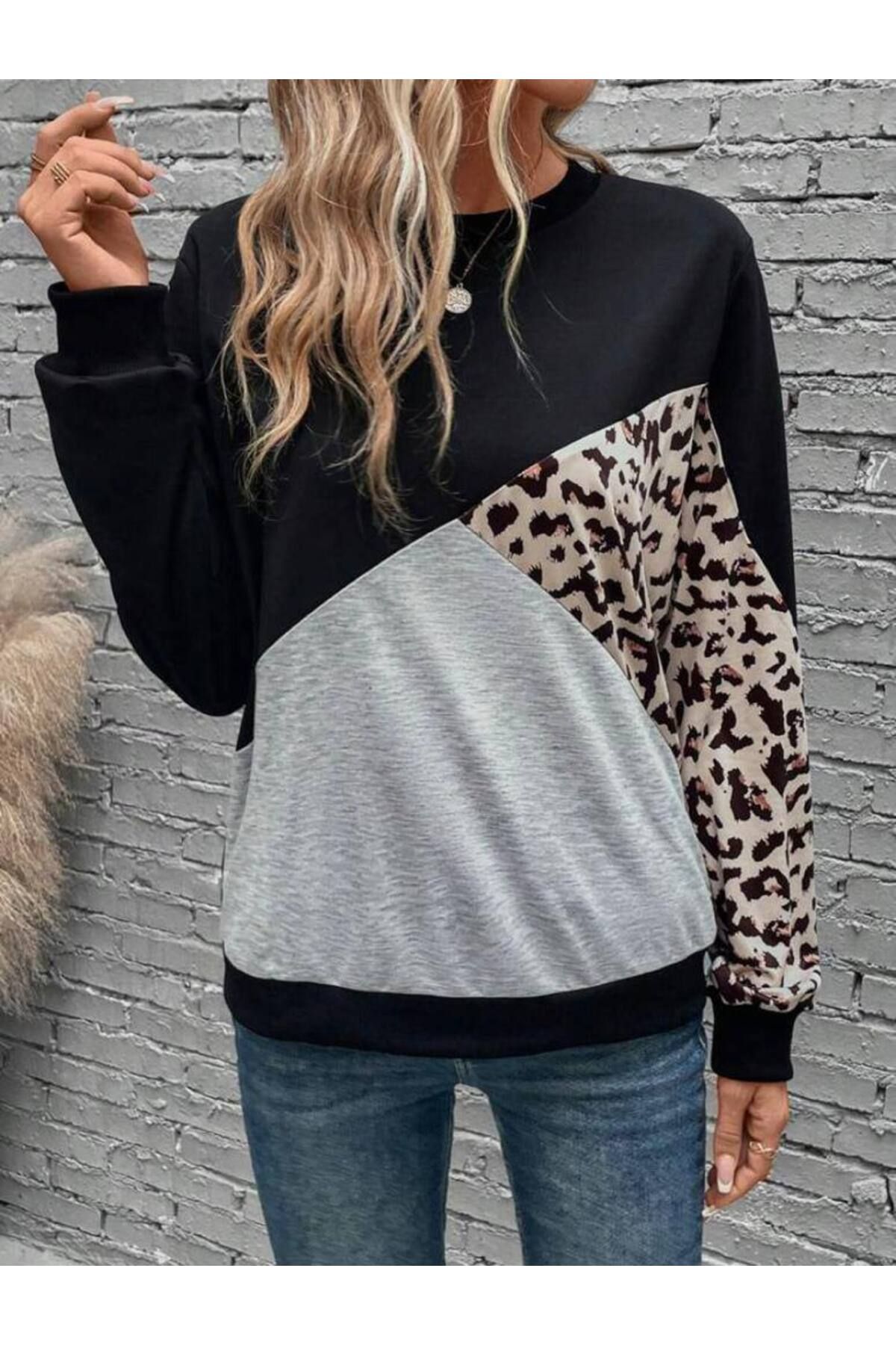 FASHION Leopar GarniliParçalı İki İplik Sweat