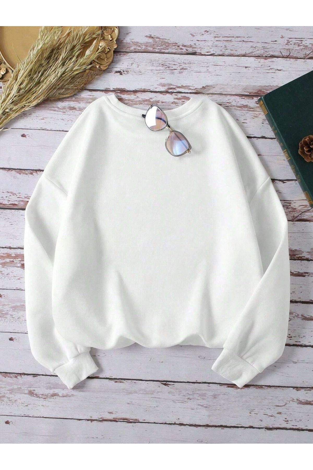 Kadın Beyaz Margarita Kadeh Baskılı Bisiklet Yaka Sweatshirt