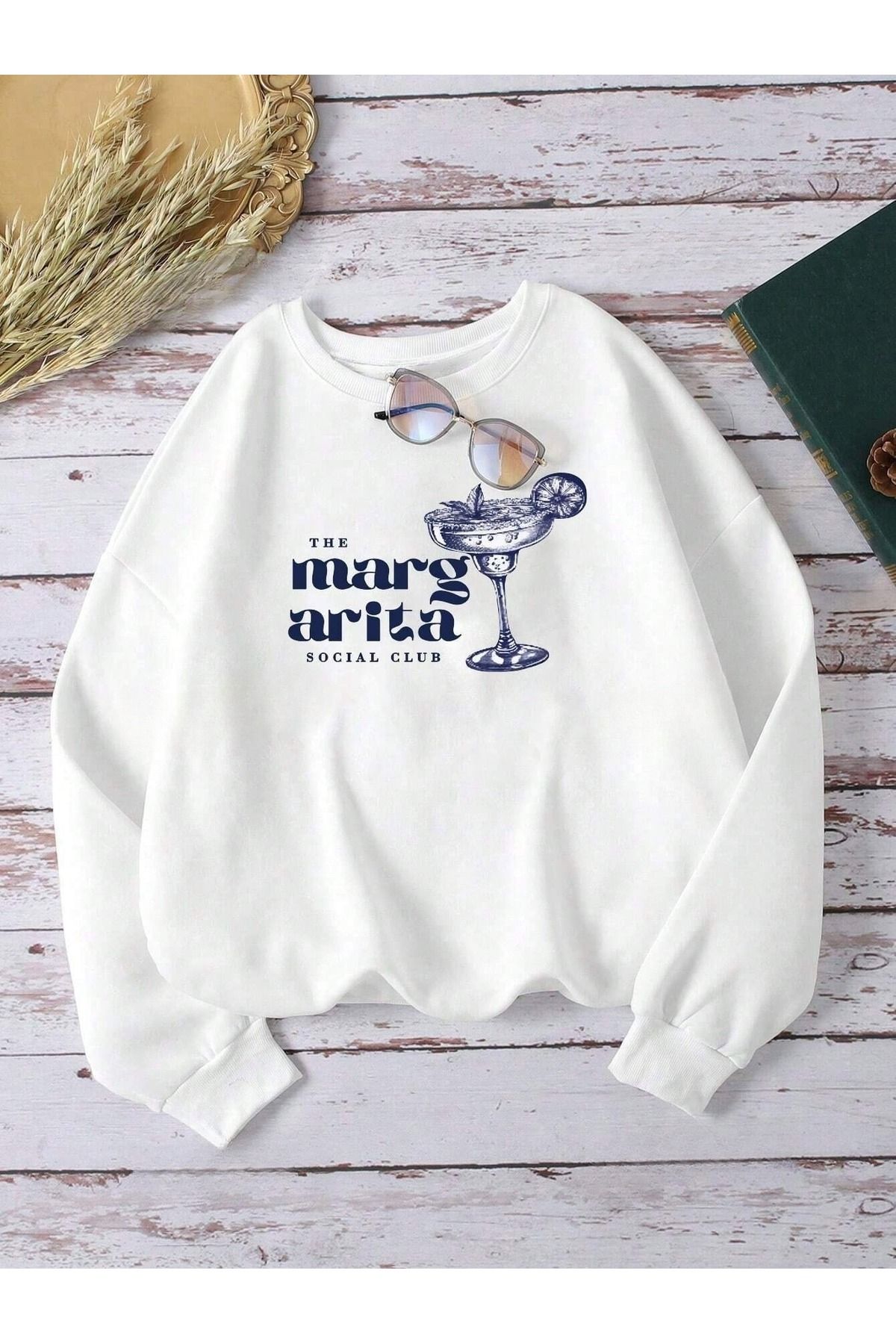 Kadın Beyaz Margarita Kadeh Baskılı Bisiklet Yaka Sweatshirt