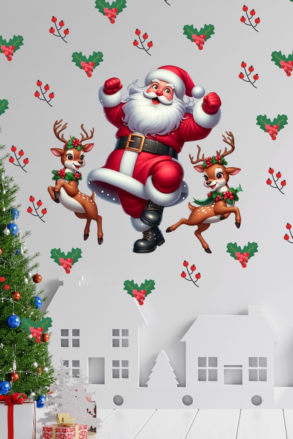 Yeni Yıl Sticker Noel Baba Geyik ve Kokina Çiçeği Yeni Yıl Sticker Seti Noel Baba Sticker