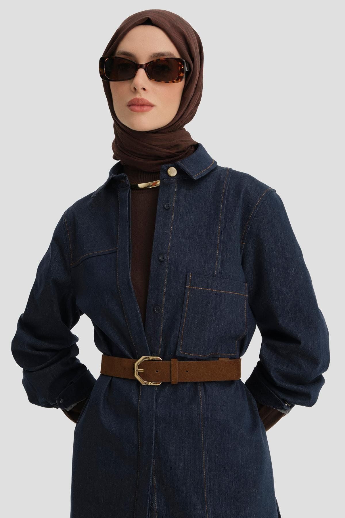 Kuplu Ve Cepli Denim Tunik 24k4308 Lacivert