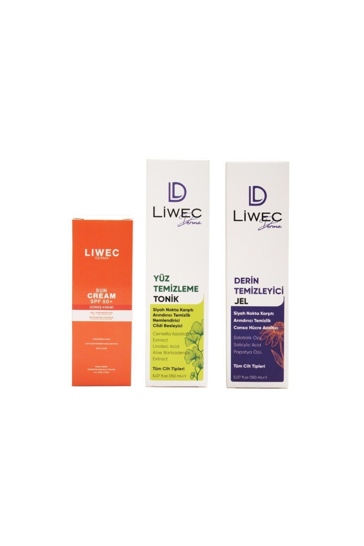 Liwec Derma 3'lü Set (DERİN TEMİZLEYİCİ JEL - YÜZ TEMİZLEME TONİK - GÜNEŞ KREMİ SPF 50+)