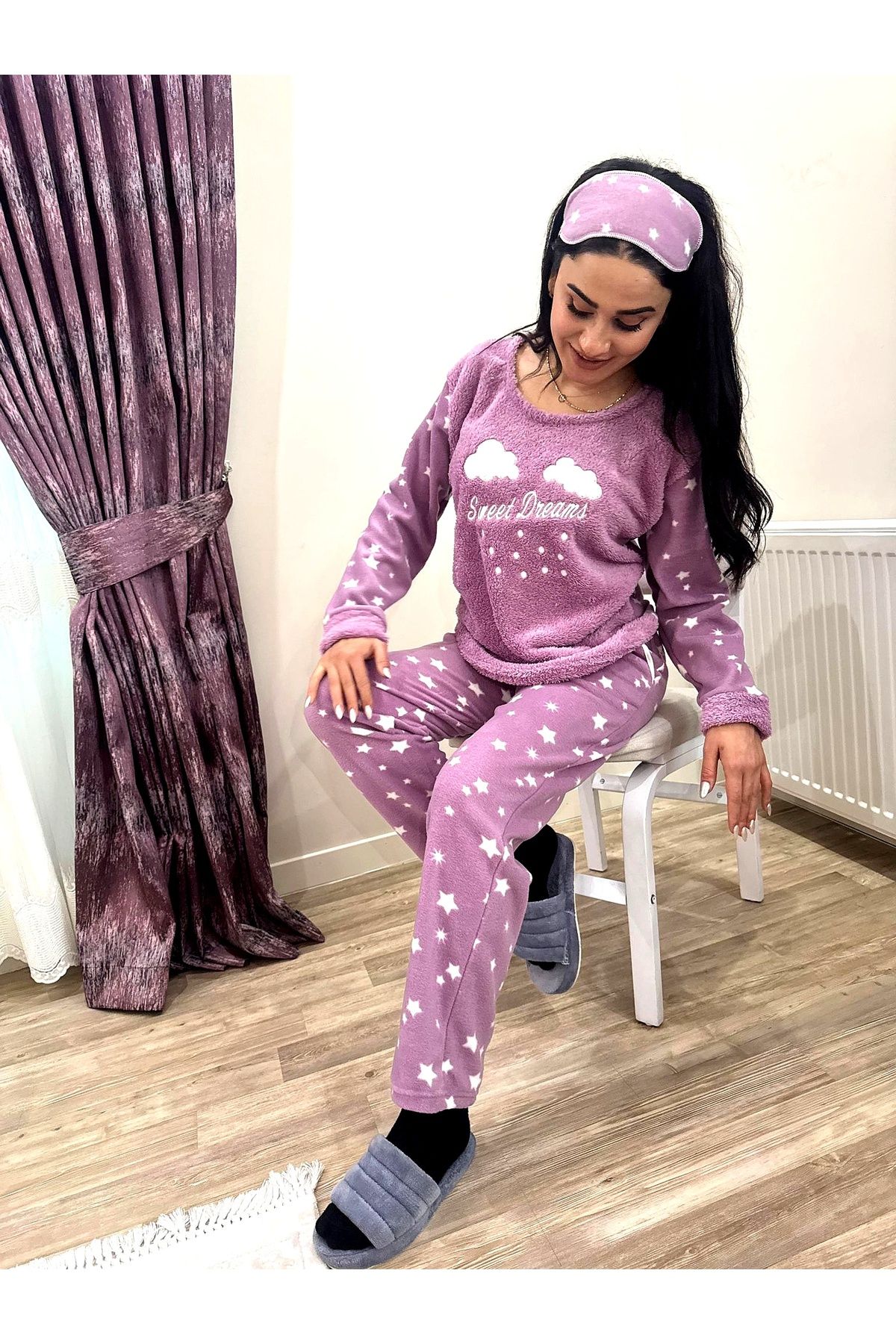 Pembe Yıldız Desenli Kadın Polar Peluş Pijama Takımı