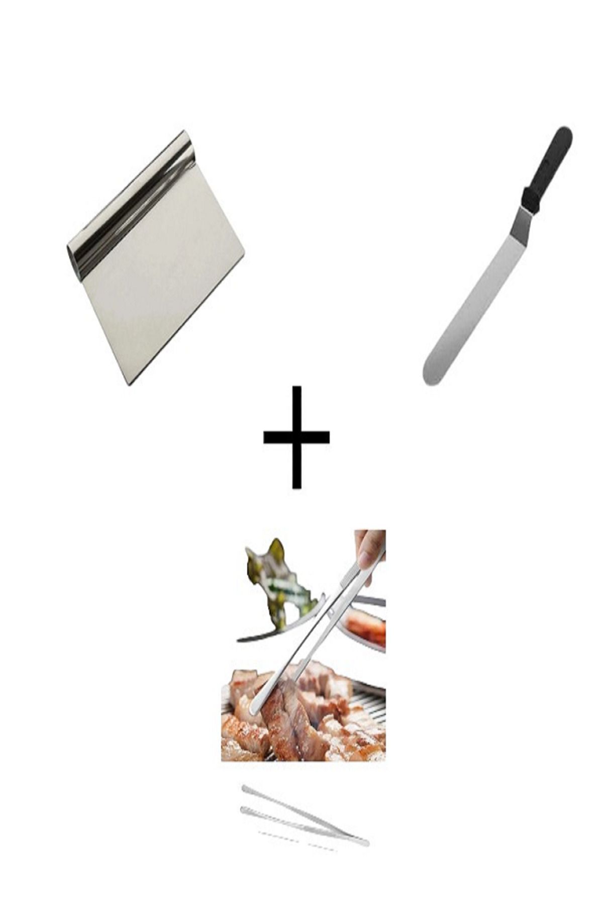 Pasta Sıvama Spatulası + Çelik Spatula Hamur Kazıyıcı+ Masterchef Cımbız 3 Lü Set