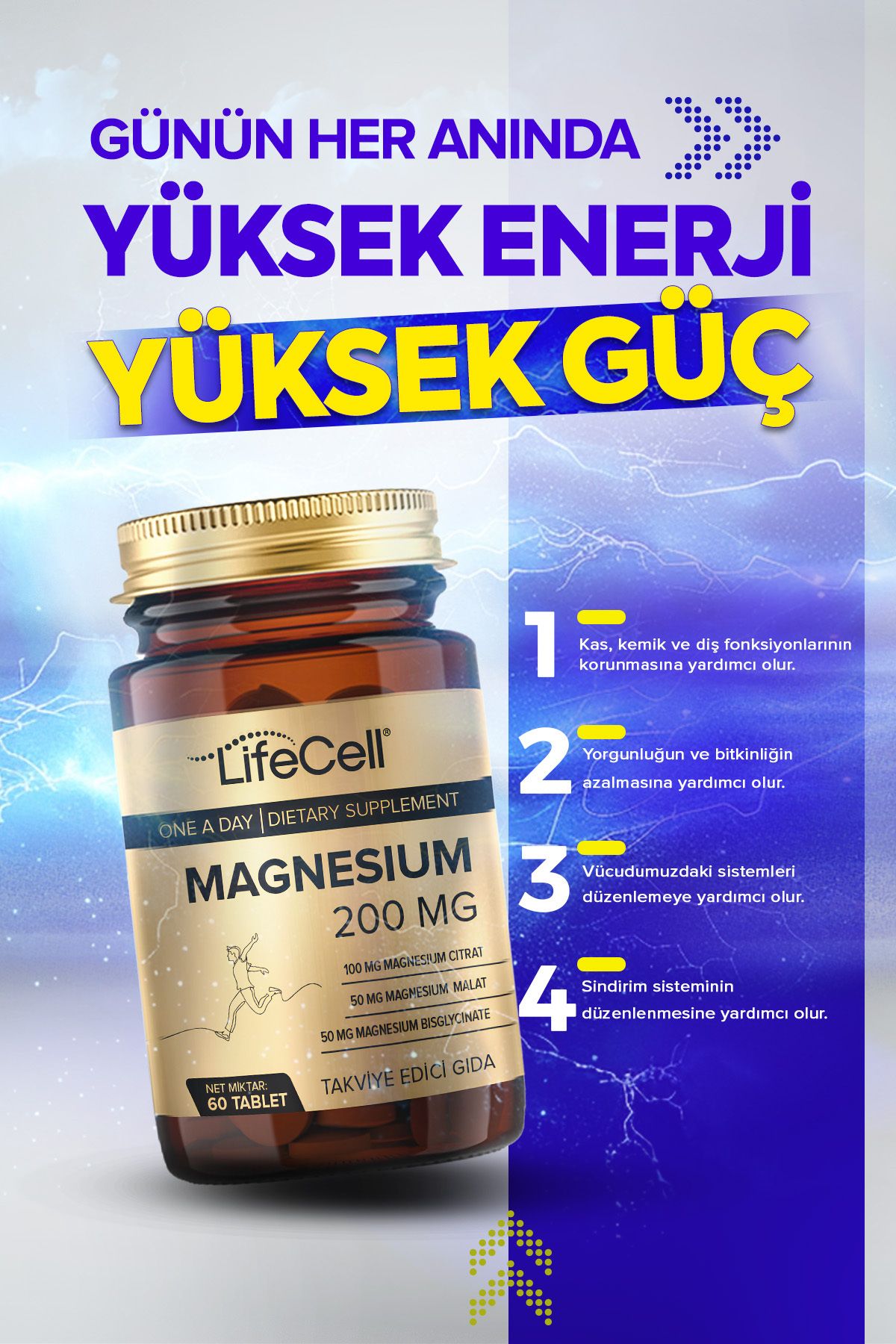 Magnesium 200 Mg (MAGNEZYUM KOMPLEKS BİSGLİSİNAT - MALAT - SİTRAT) Takviye Edici Gıda