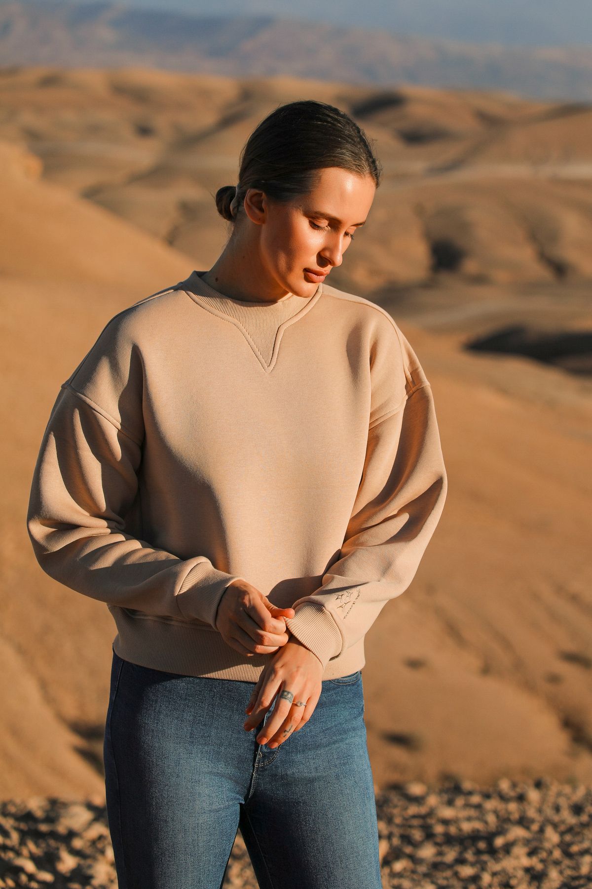 Bonita Sand Oversize Yarım Crop Sweatshirt