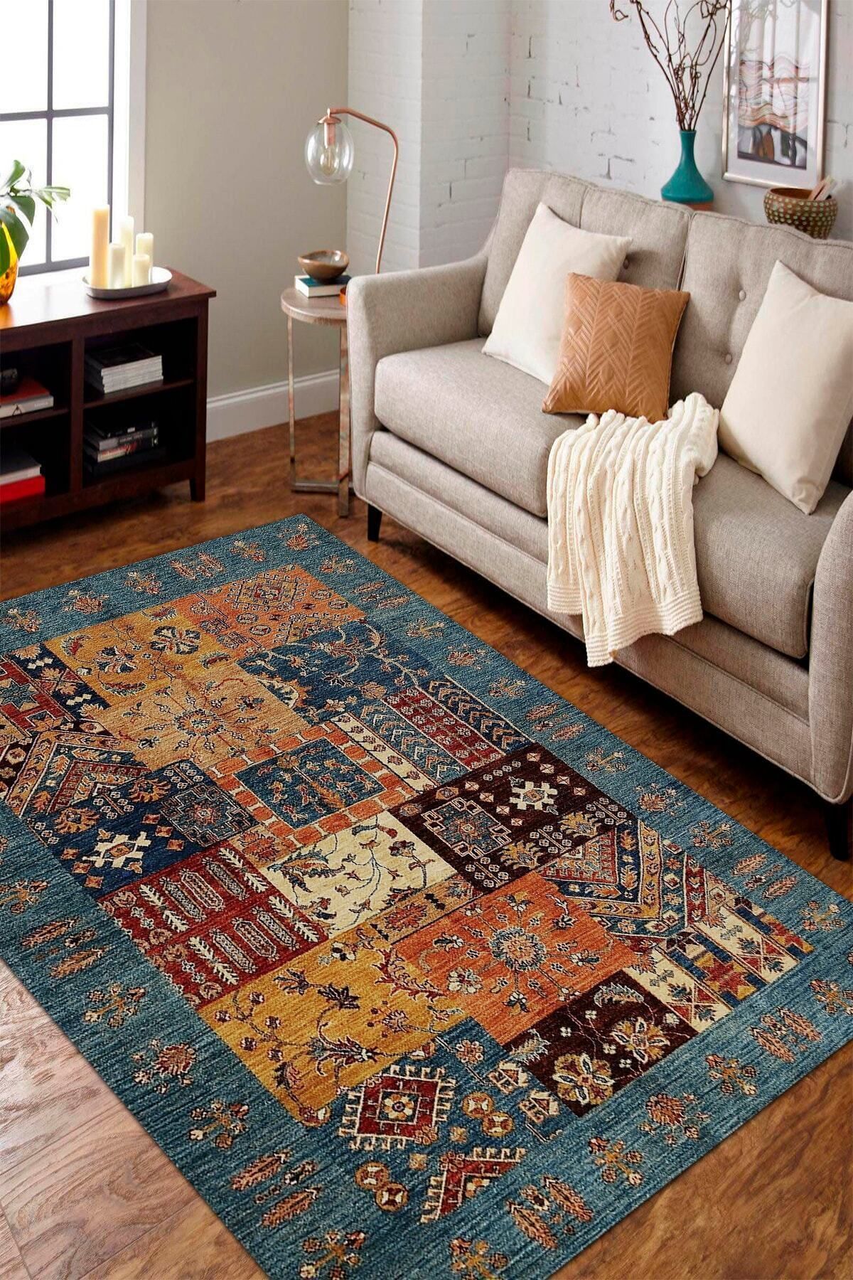 Dijital Baskılı Etnik Kilim Modelli Makinede Yıkanabilir K (İNCE HALI)