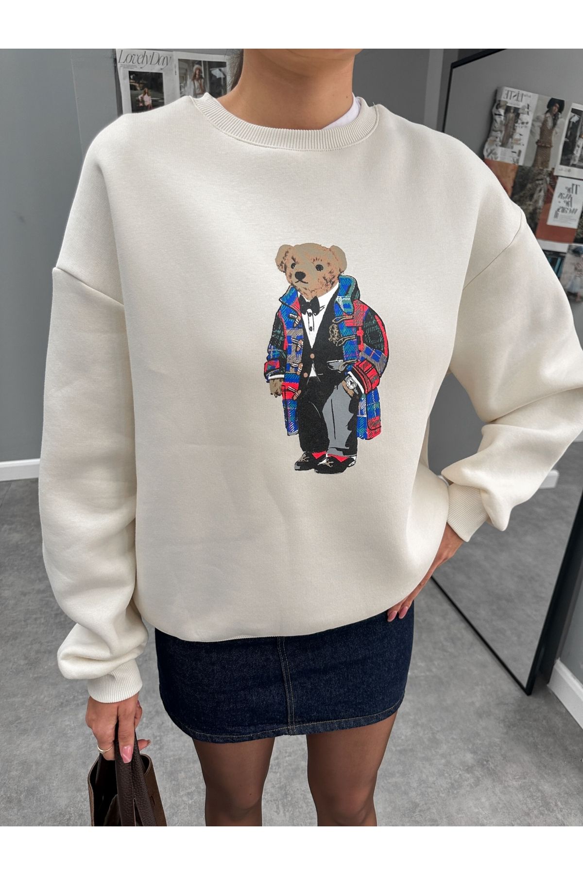 Ekru Teddy Bear Baskılı Sweat