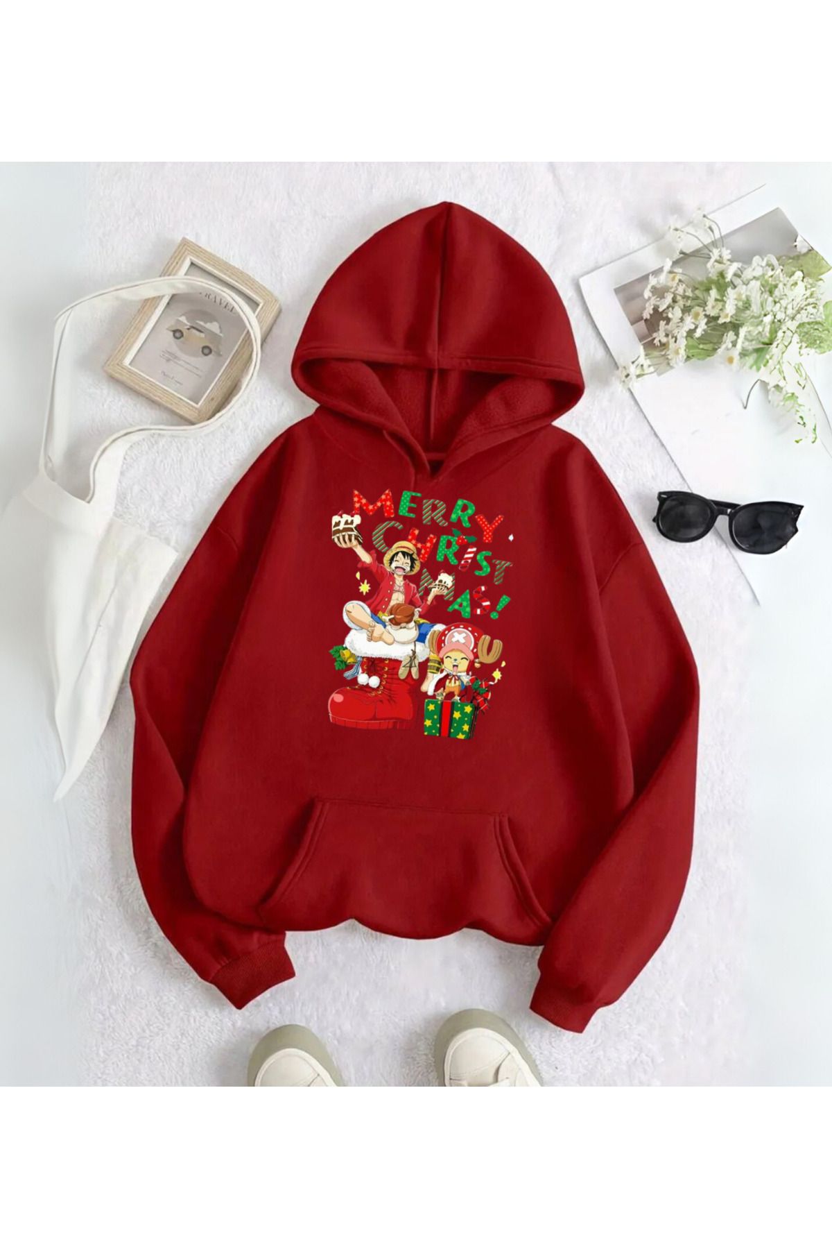 Loots  One Piece Merry Christmas Baskılı Kapşonlu Sweatshirt