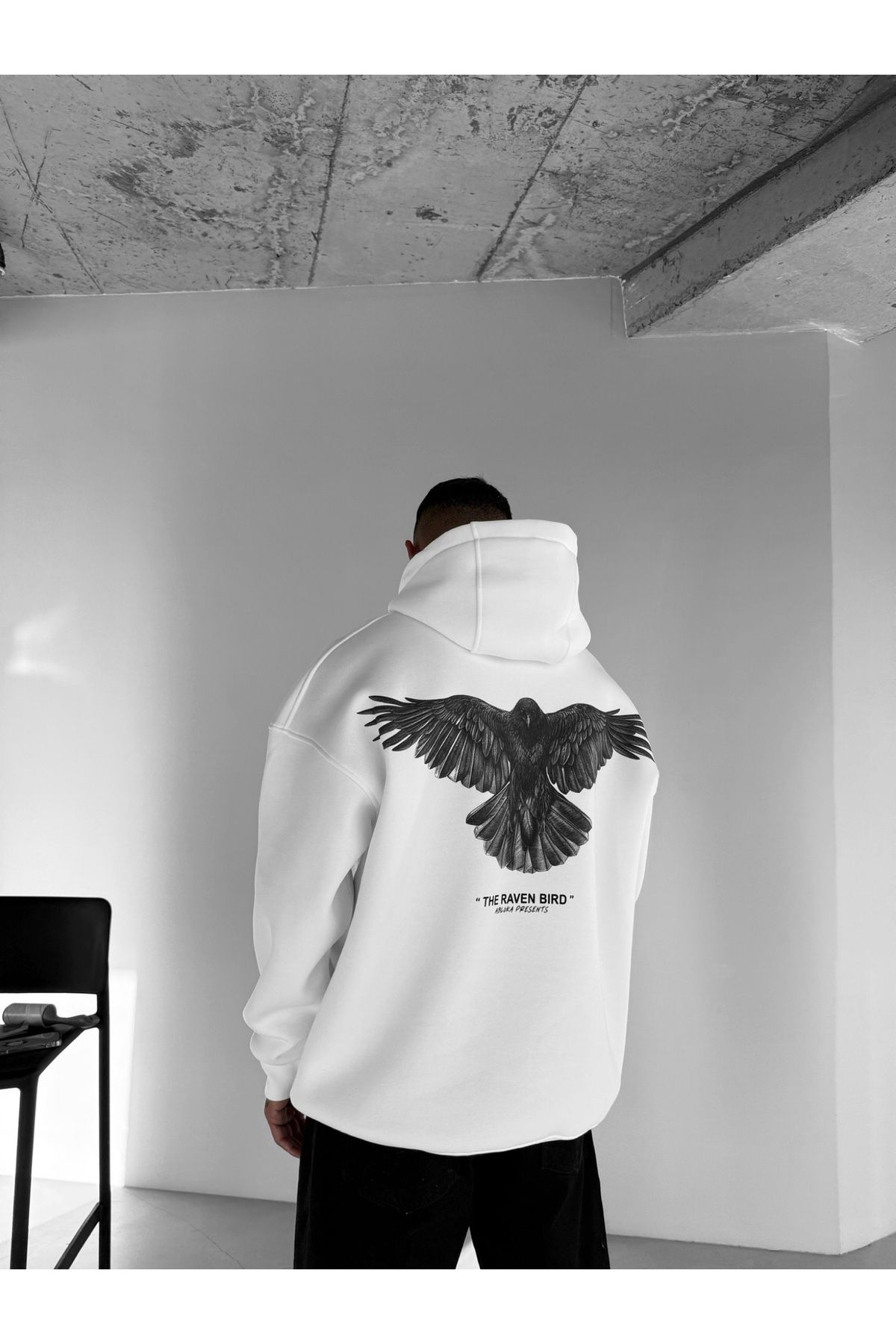 Erkek Oversize Raven Baskılı Premium Kapüşonlu Sweatshirt Ekru