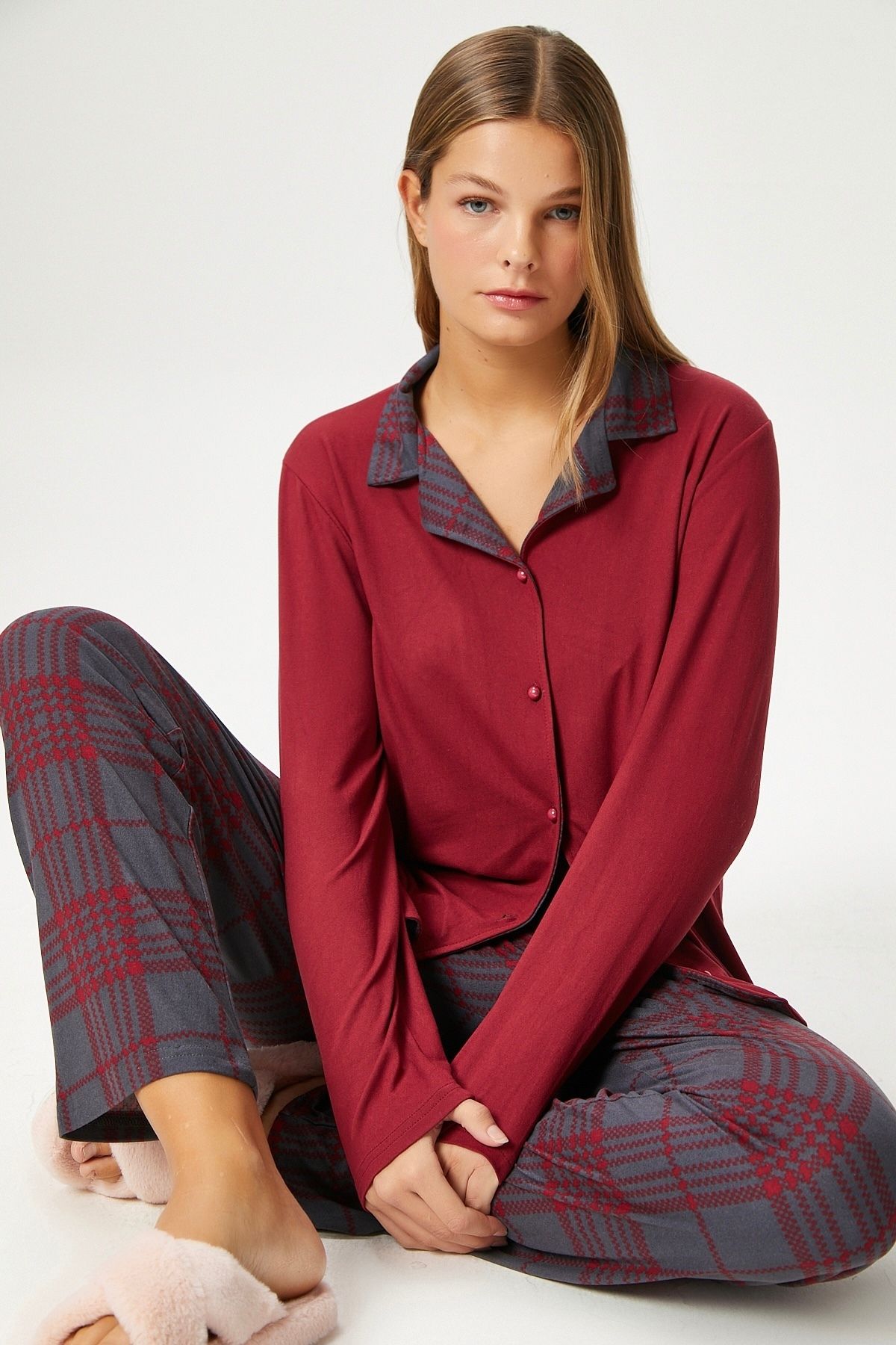 Kadın Efsa Ekose Extra Soft Bordo Antrasit Pijama Takım