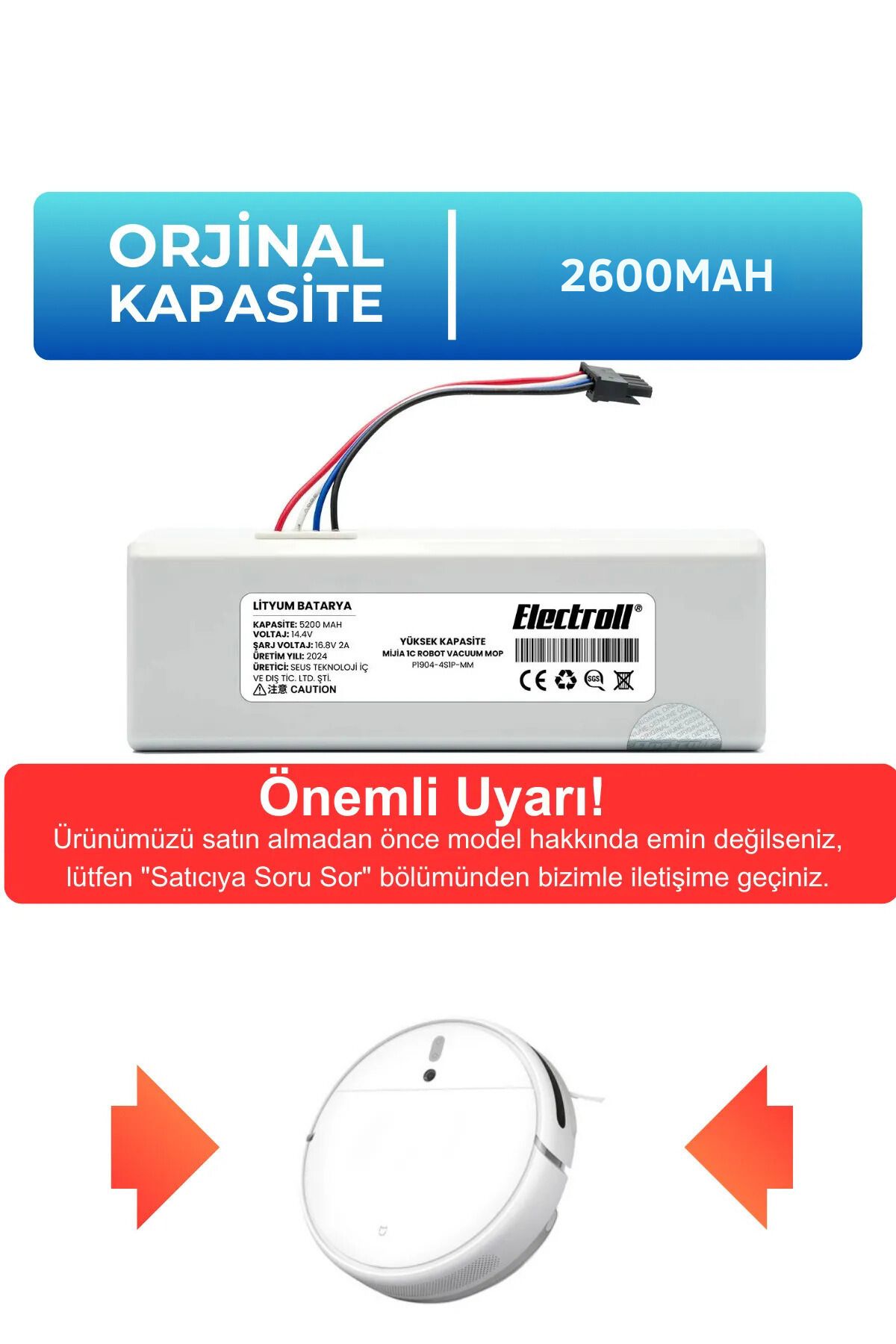 Xiaomi Mijia 1C Robot Vacuum Mop P1904-4S1P-MM Uyumlu Batarya (ORJİNAL KAPASİTE) 2600mah Pil Robot