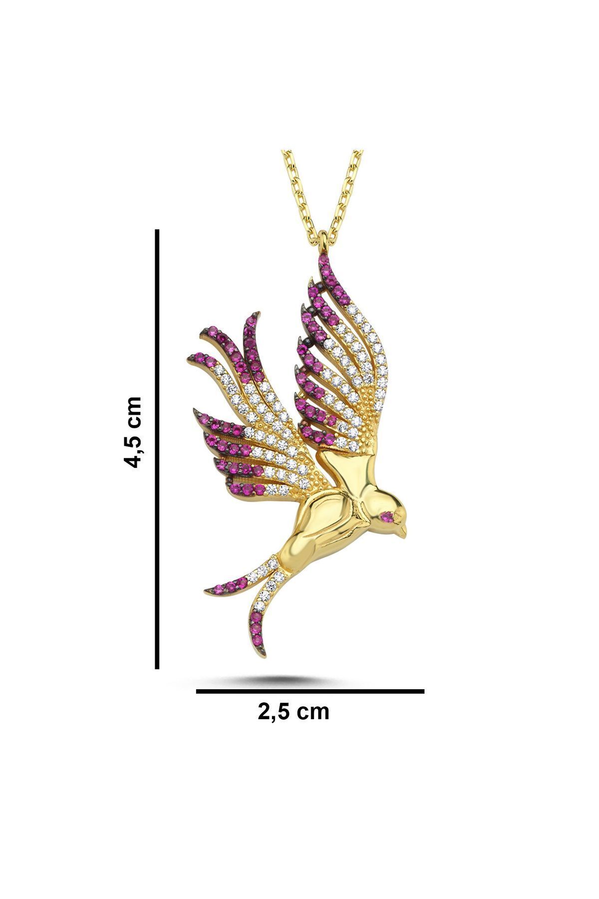 Hüma Kuşu Fuşya Taşlı Altın Kaplama Kolye
