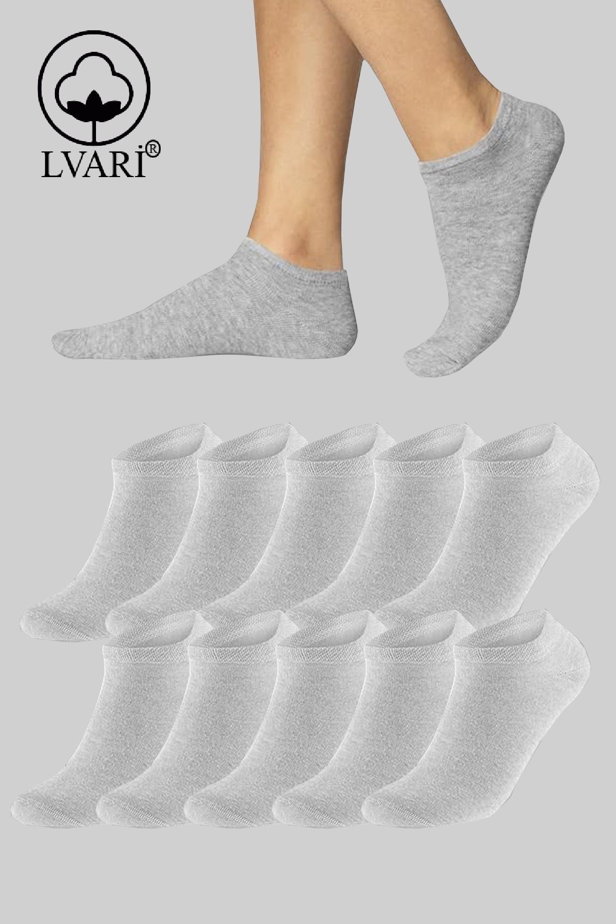 Lvari Unisex 10 Çift PamukluGri Patik Çorap -...