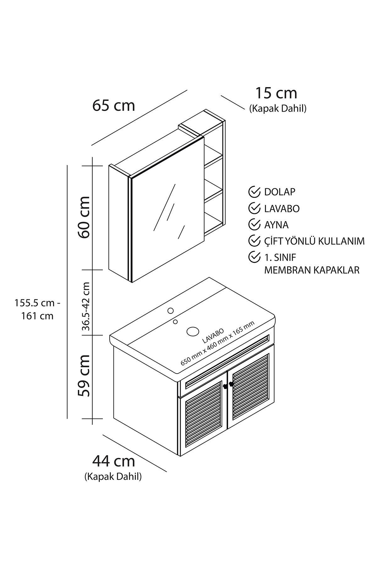 Panjur Kapaklı Aynalı I Lavabolu I Askılı Banyo Lavabo Dolabı Seti I LUXE I AHŞAP - BEYAZ