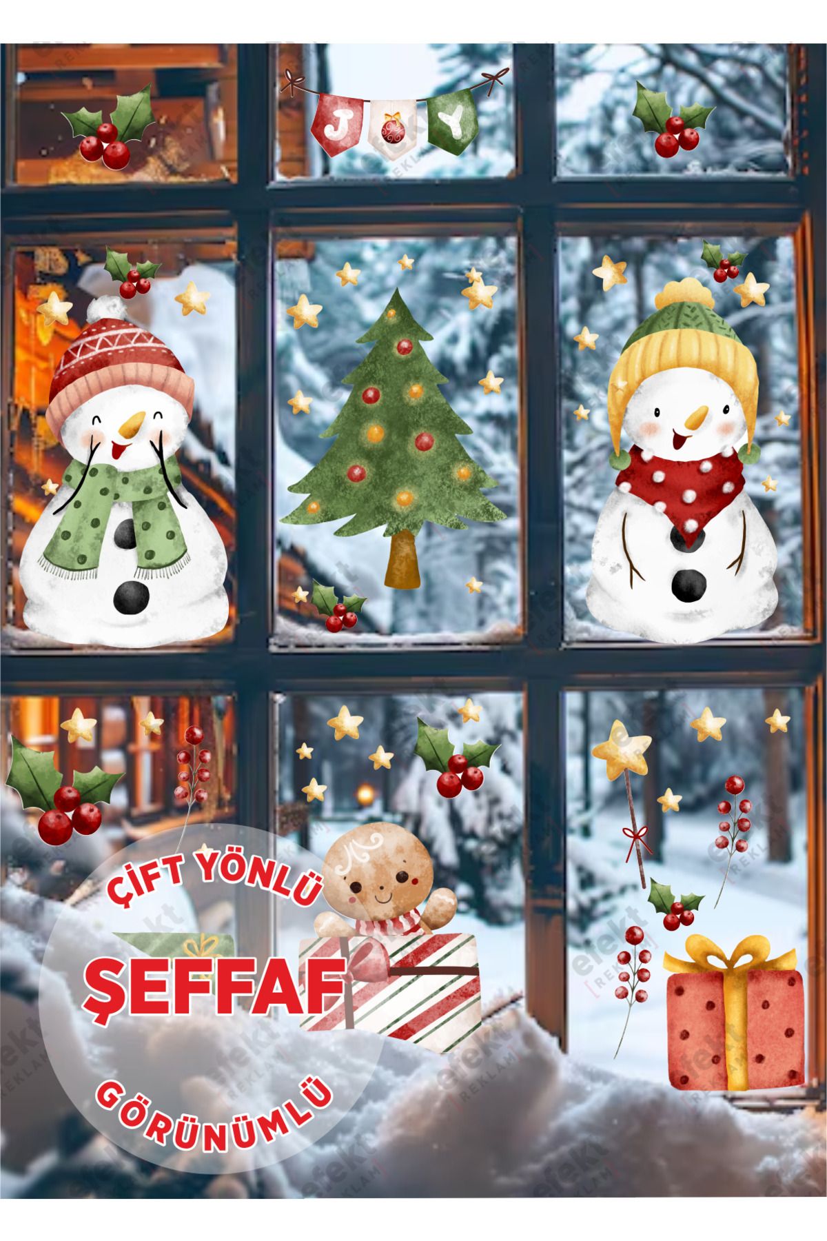 Çift Yönlü  Yılbaşı Christmas Kardan Adam ve Hediyeler Yılbaşı Süsü Sticker Seti