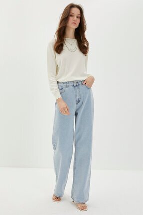 Denim Yüksek Bel Bol Paça Mavi Pantolon P-0140 Image 0
