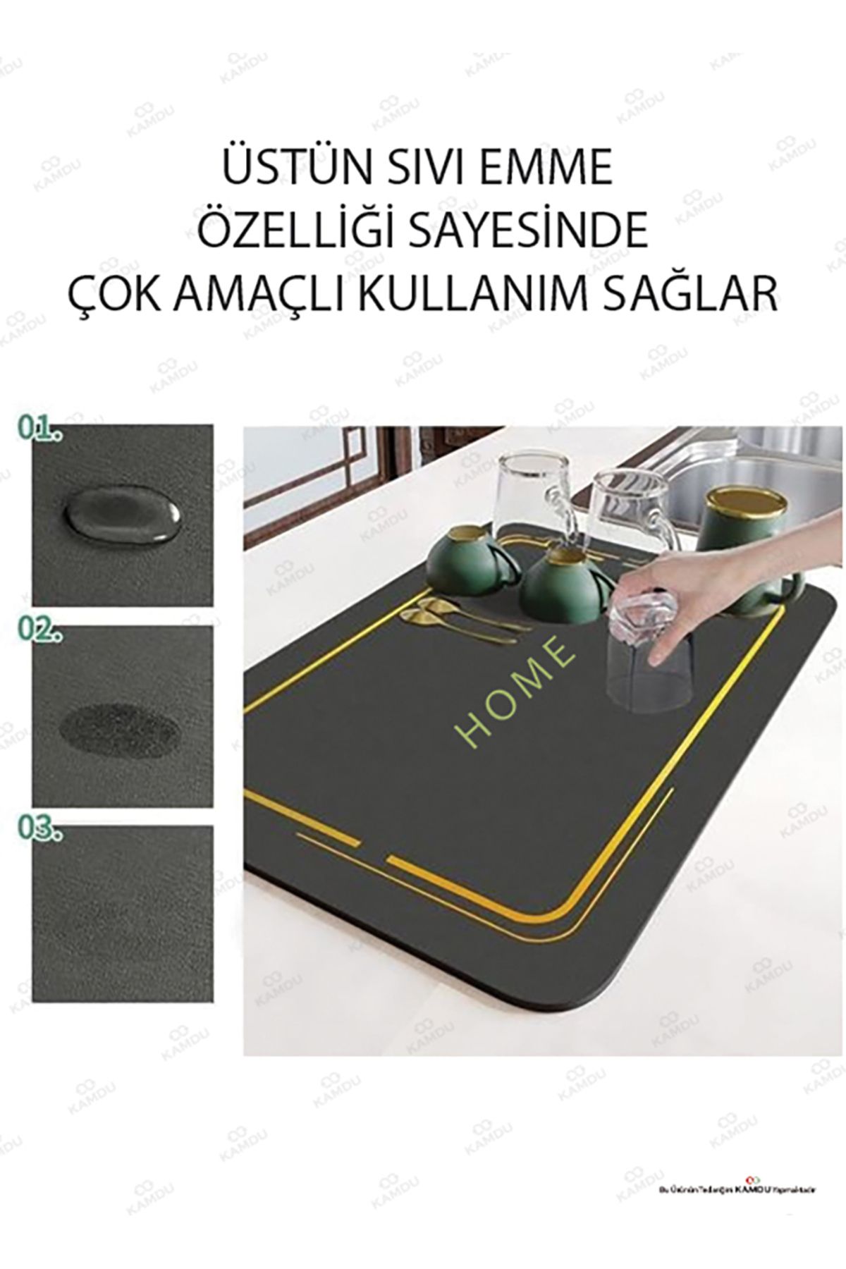 1 Adet - ( Siyah ) 35x50cm Bulaşık Matı, Kurulama Matı, Tezgah Üstü Mat, Su Emen Mat, Lavabo Paspası