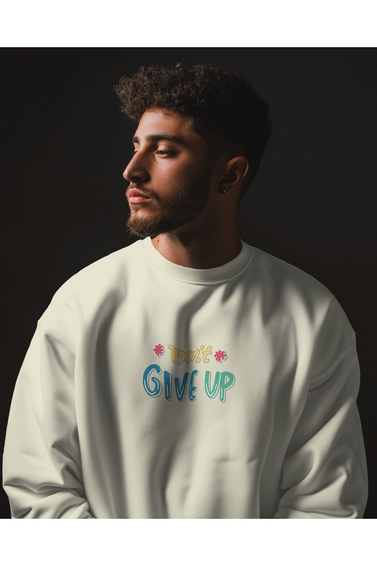 Don'tGiveUp Krem Sweatshirt 3iplik kalın Unisex