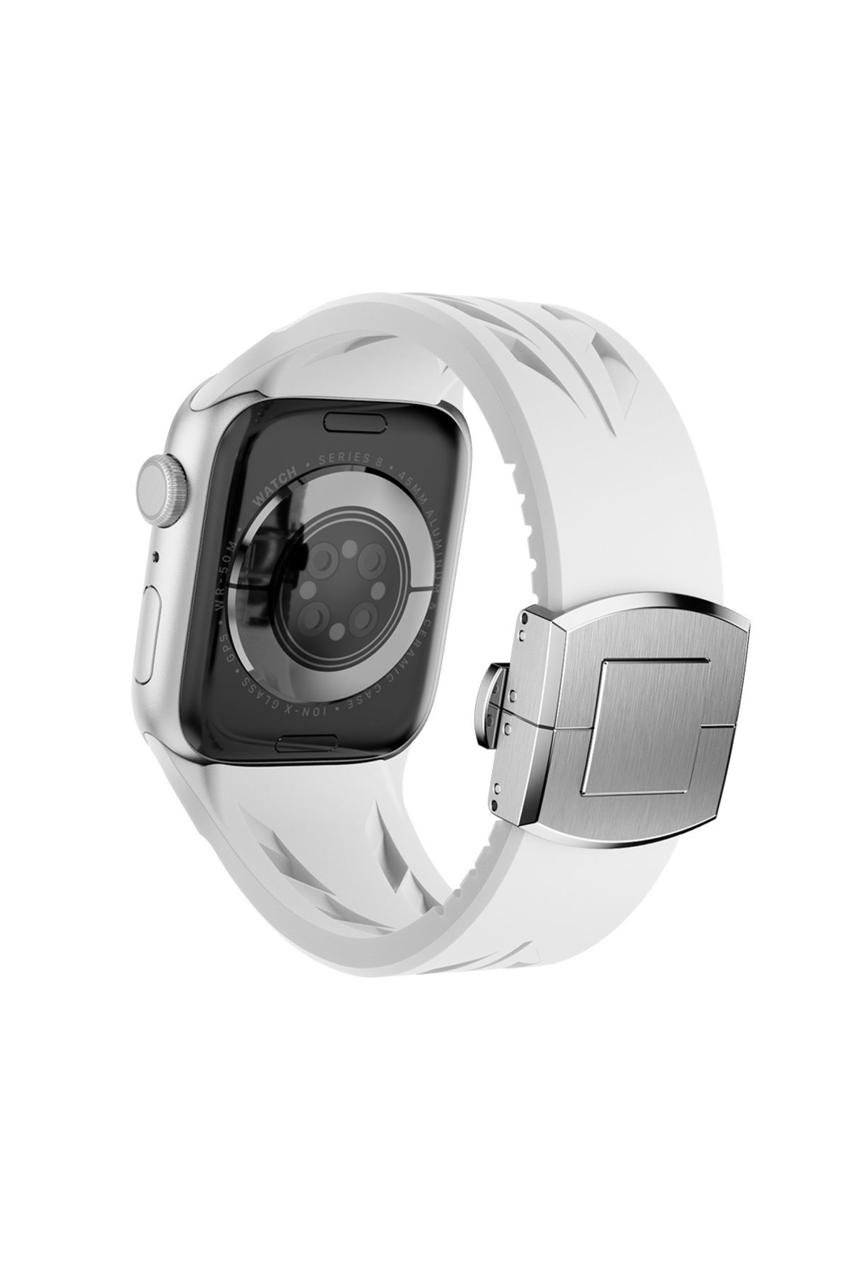 Apple Watch 7 45mm KRD-127 Metal Tokalı Silikon Kordon-Beyaz