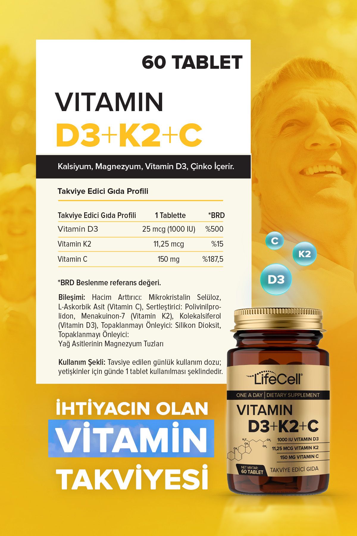 Vıtamın D3 K2 C - 60 Tablet Komplex Vitamin Desteği