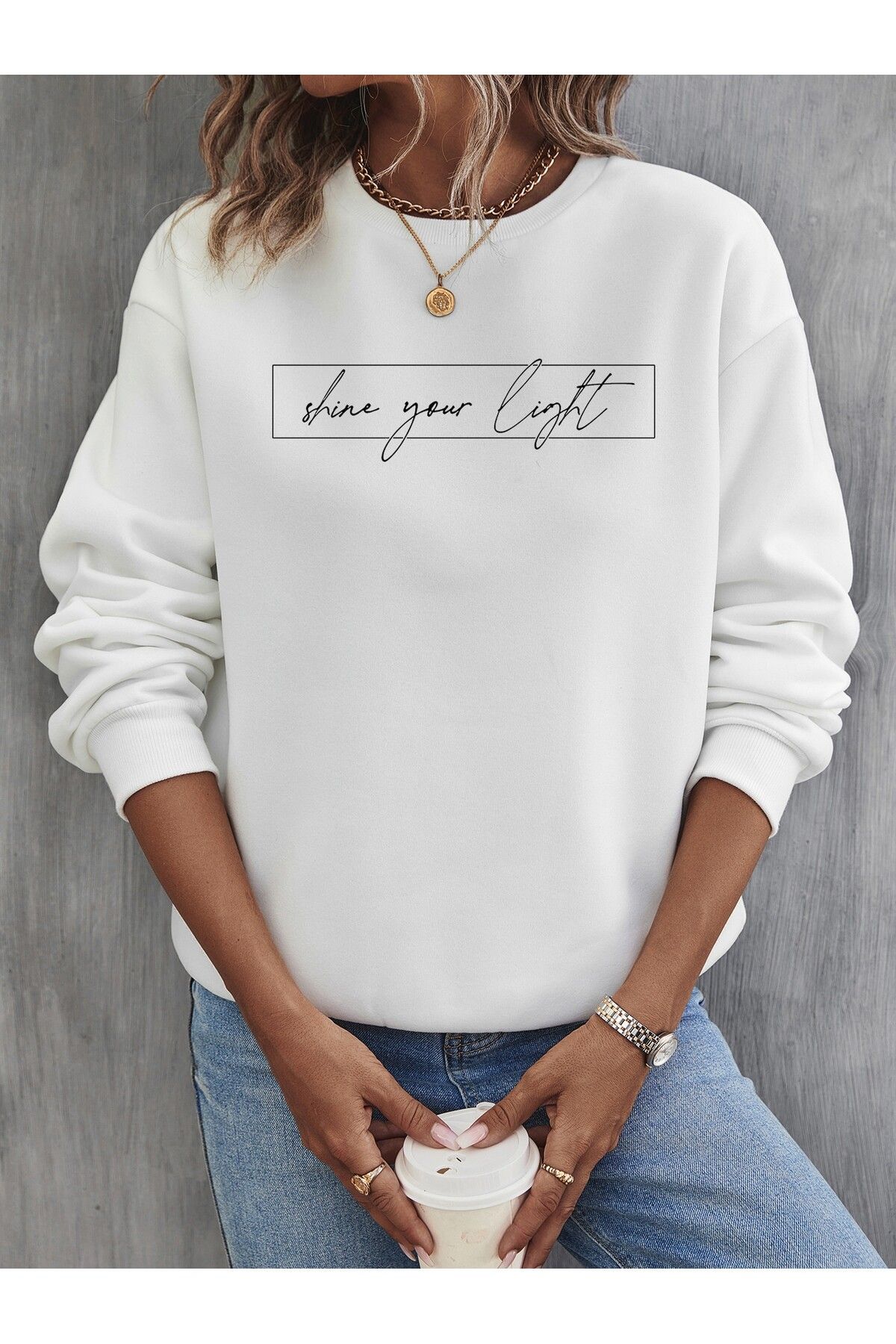 Shine Your Light Baskılı Bisiklet Yaka Beyaz Kadın Sweatshirt