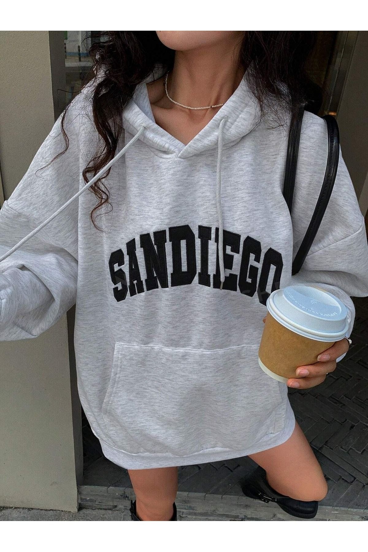 Kadın Gri Sandiego Baskılı 3 İplik Oversıze Hoodie Sweatshırt