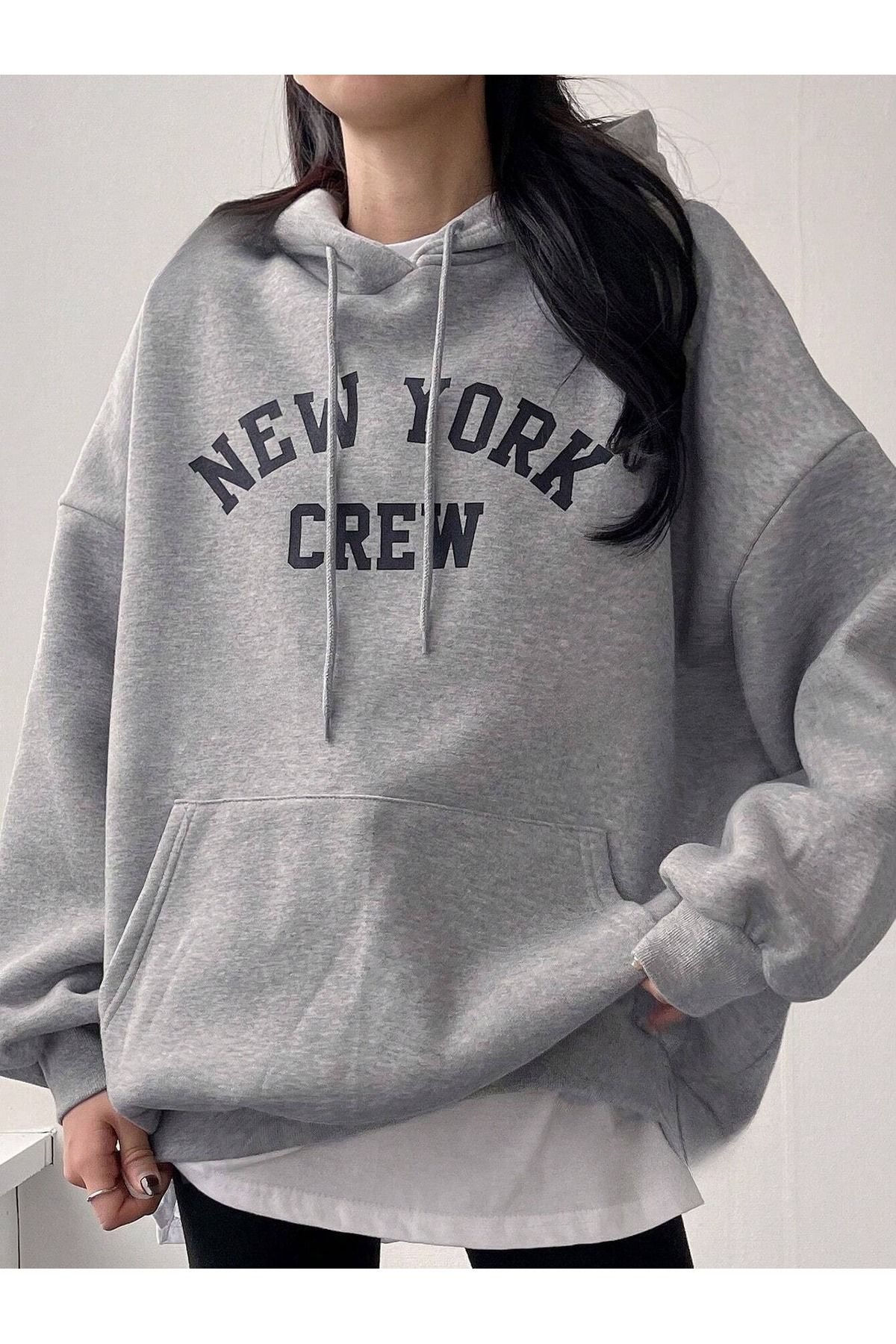 Kadın Gri New York Crew Baskılı 3 İplik Oversıze Hoodie Sweatshırt