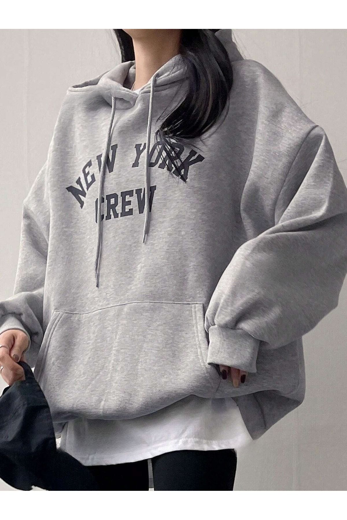 Kadın Gri New York Crew Baskılı 3 İplik Oversıze Hoodie Sweatshırt